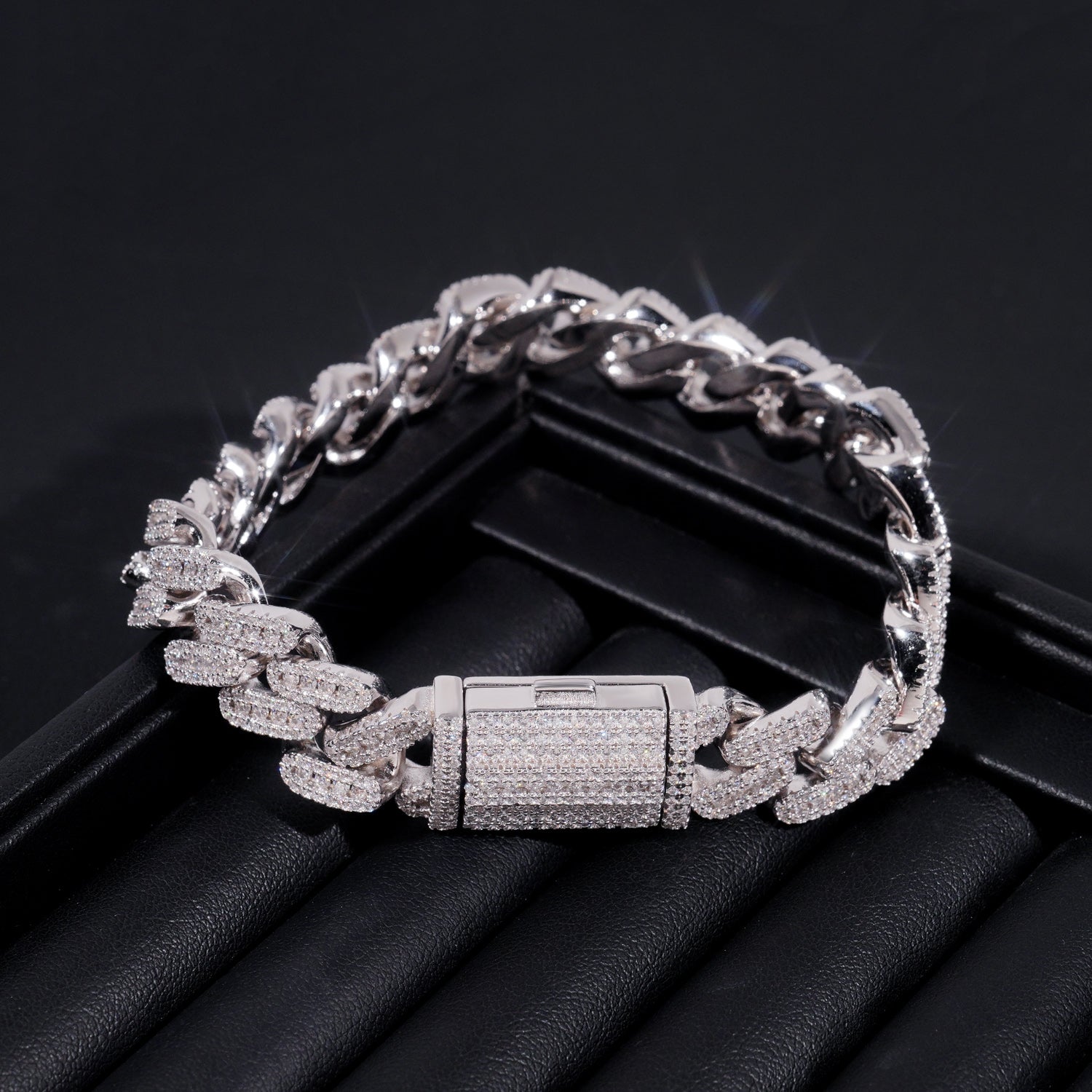 13MM Three Stone Design Solid Silver VVS Moissanite Cuban Link Bracelet