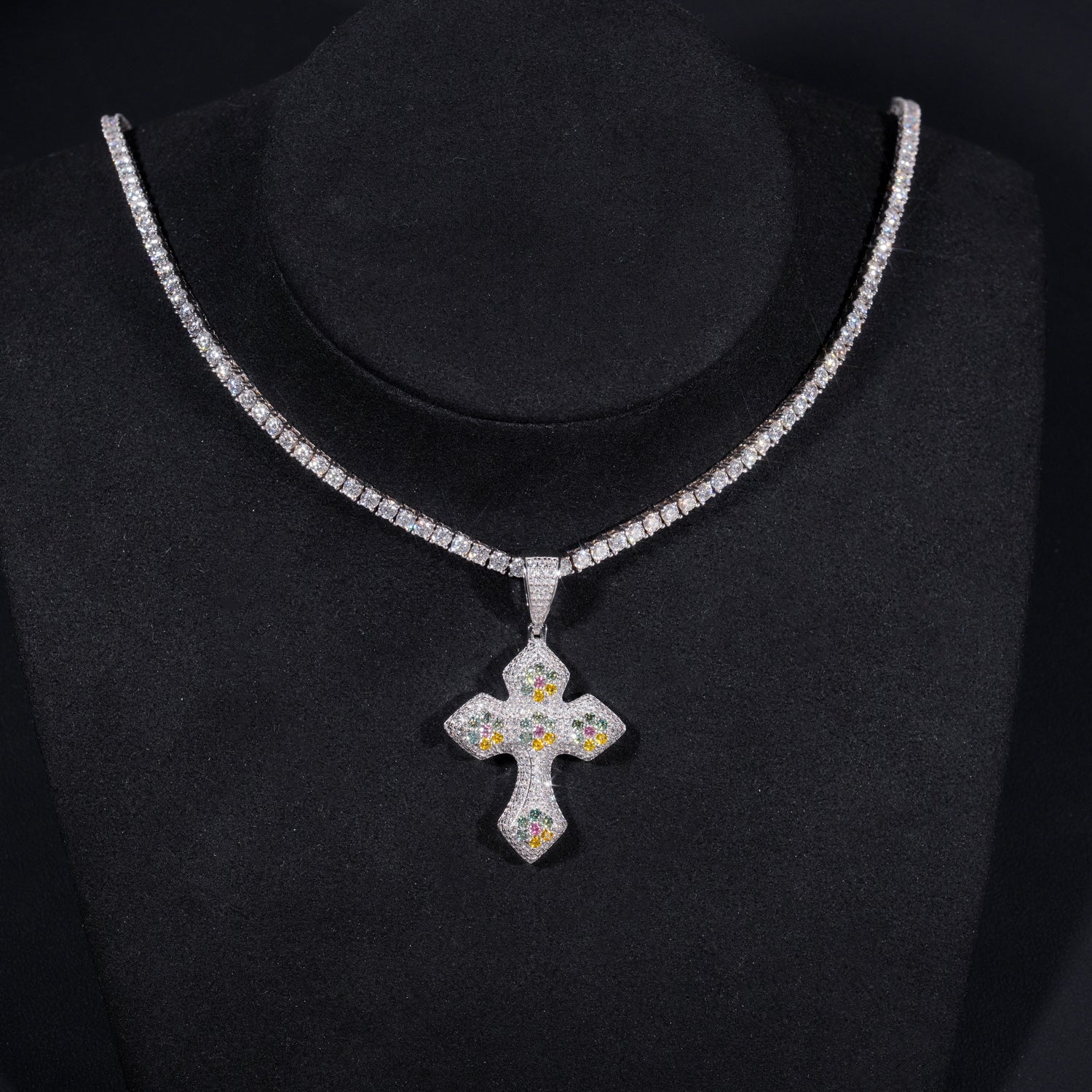 1.5" Tall Color Moissanite Diamond Cross pendant Match 4MM Tennis Chain