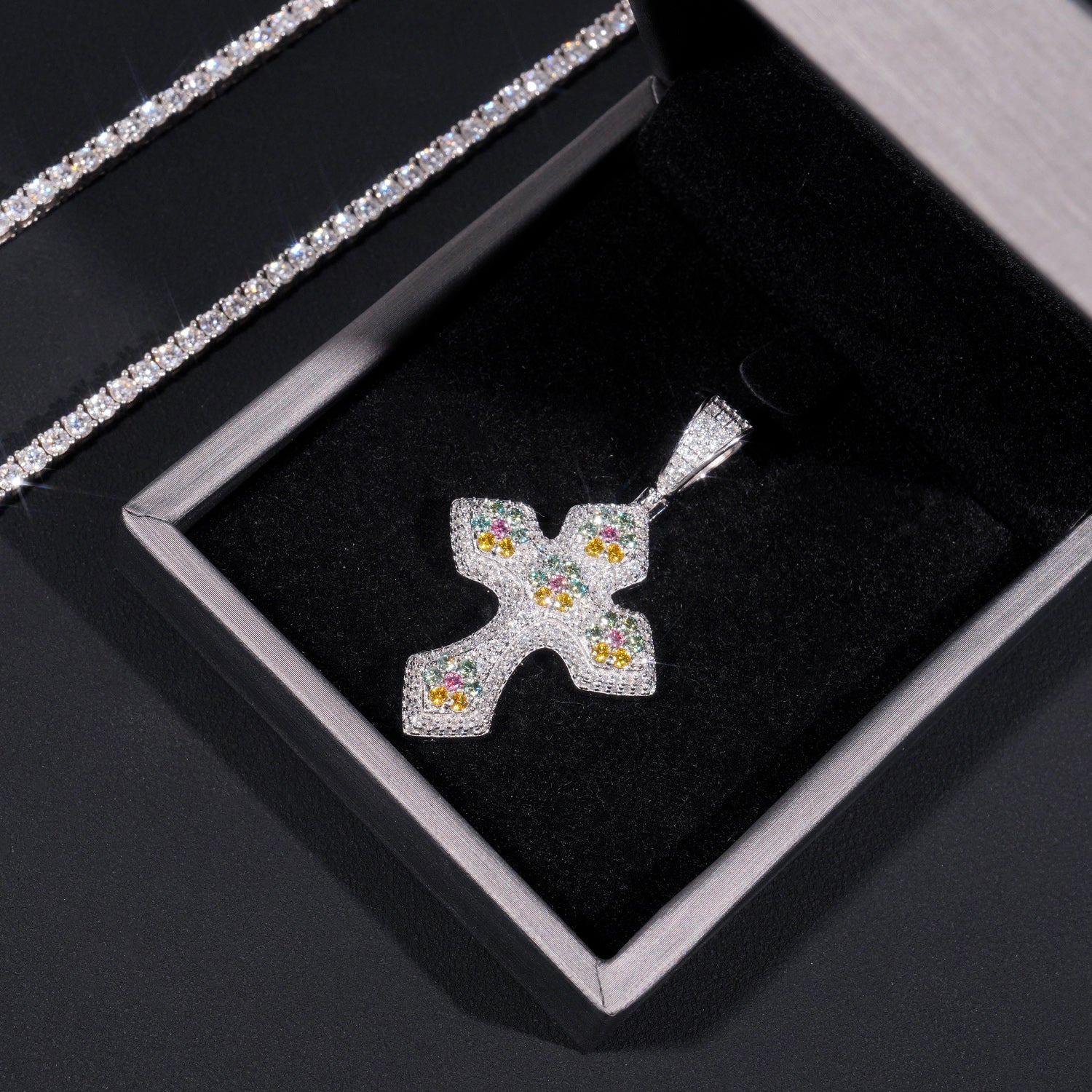 1.5" Tall Color Moissanite Diamond Cross pendant Match 4MM Tennis Chain