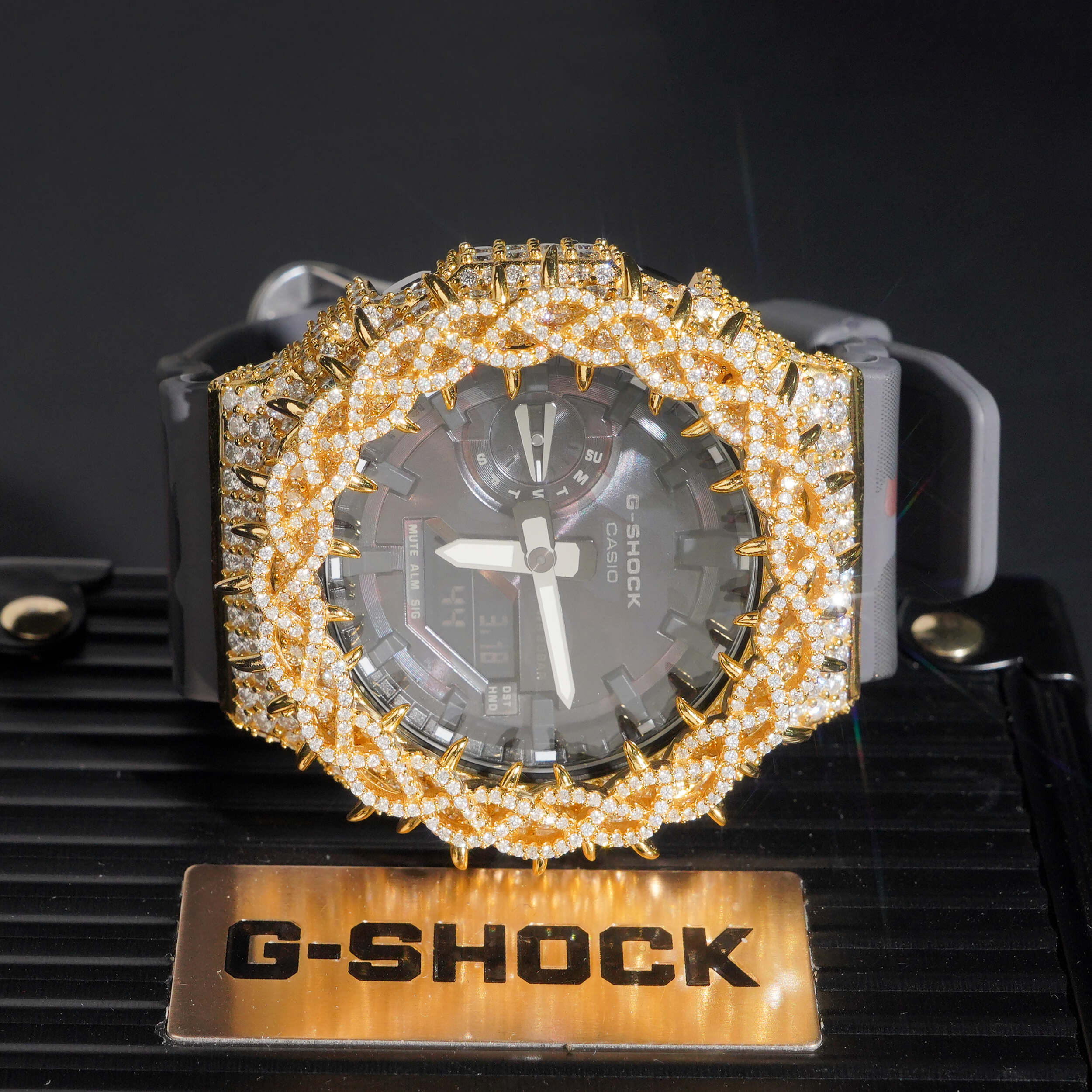 Yellow Gold Camo Band Iced Out G Shock GA2100 Watch
