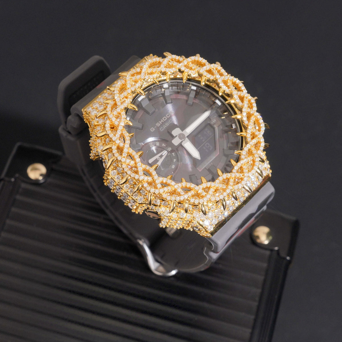 Yellow Gold Camo Band Iced Out G Shock GA2100 Watch