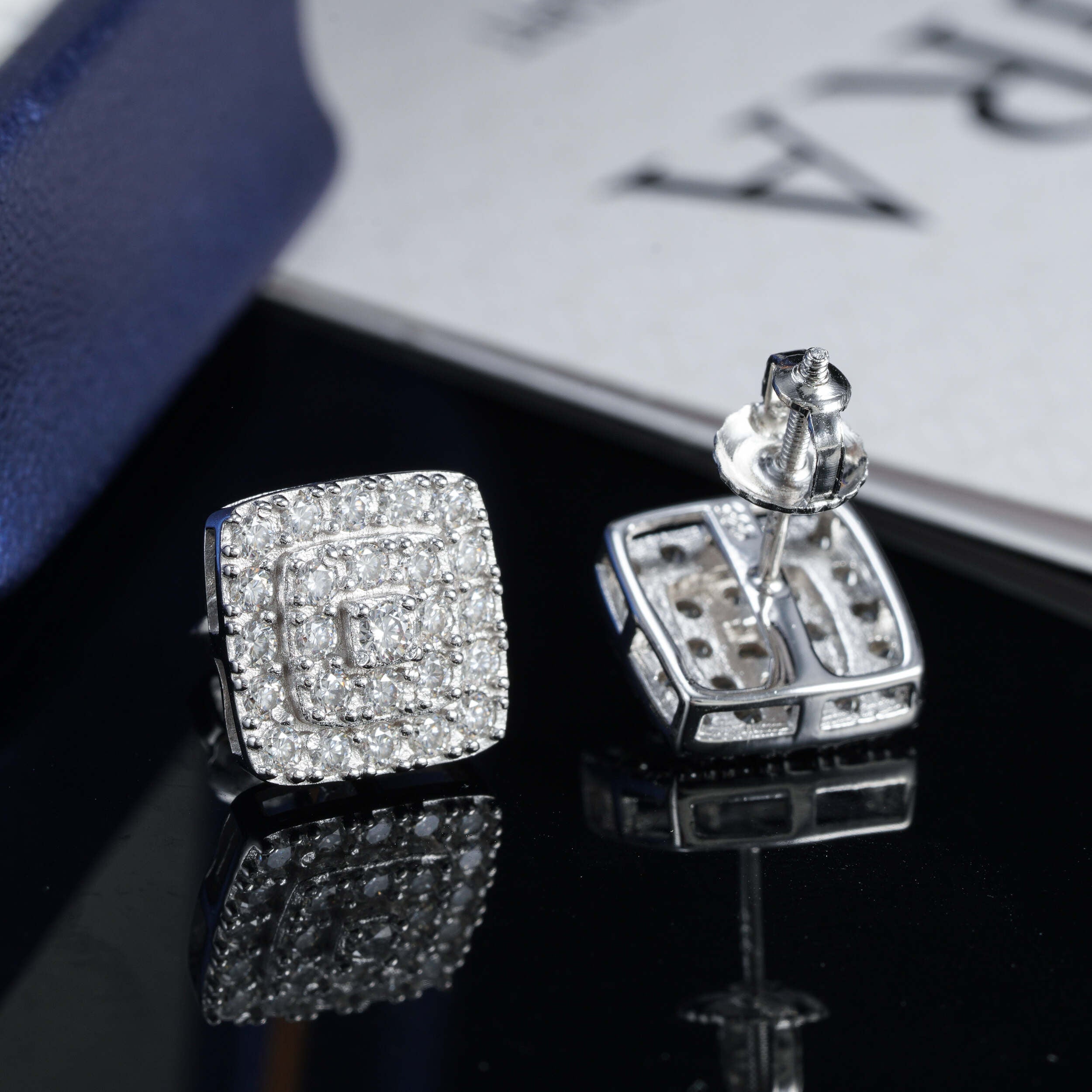 Square Men's VVS Moissanite Studs Iced Out Screw Back Hip Hop Jewelry