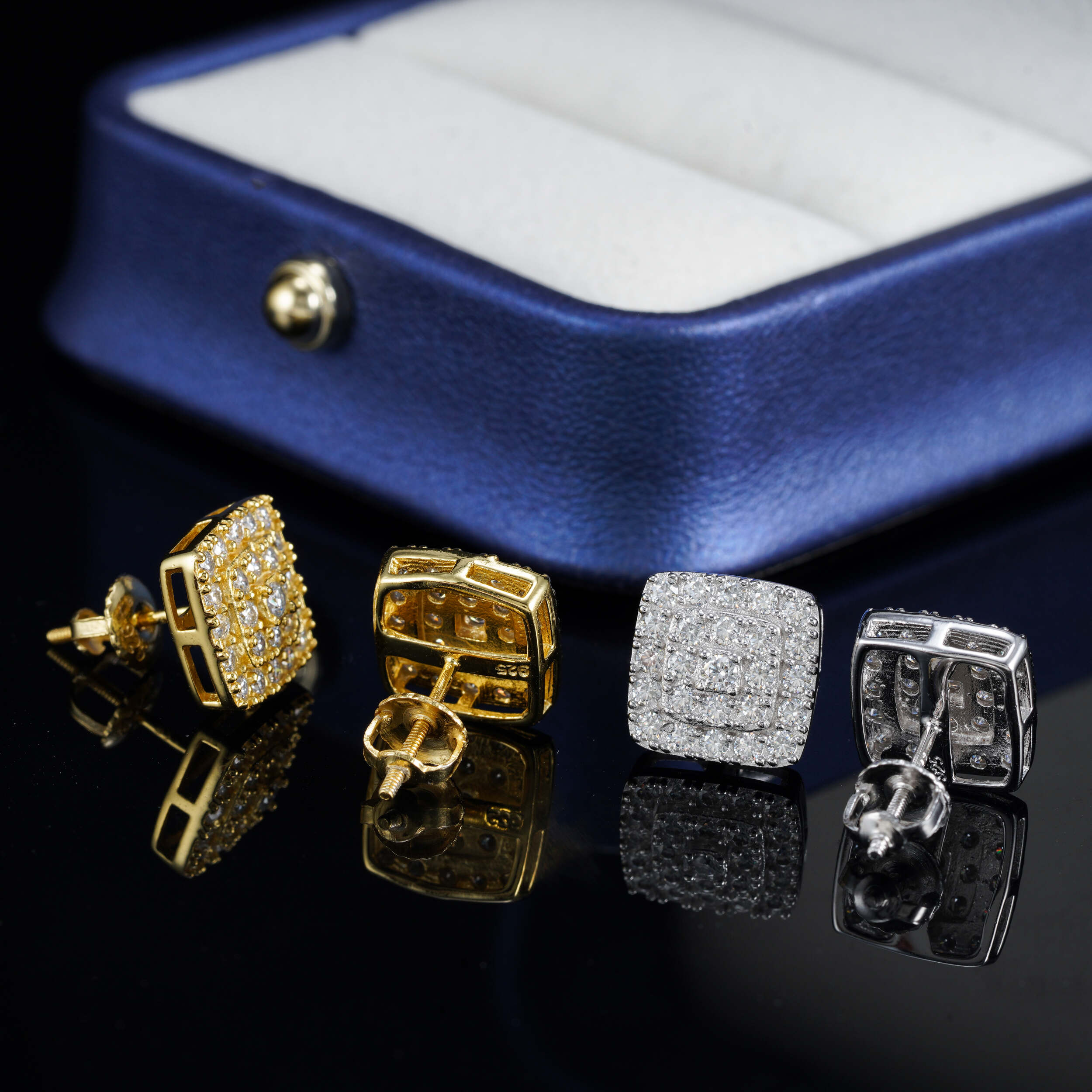 Square Men's VVS Moissanite Studs Iced Out Screw Back Hip Hop Jewelry