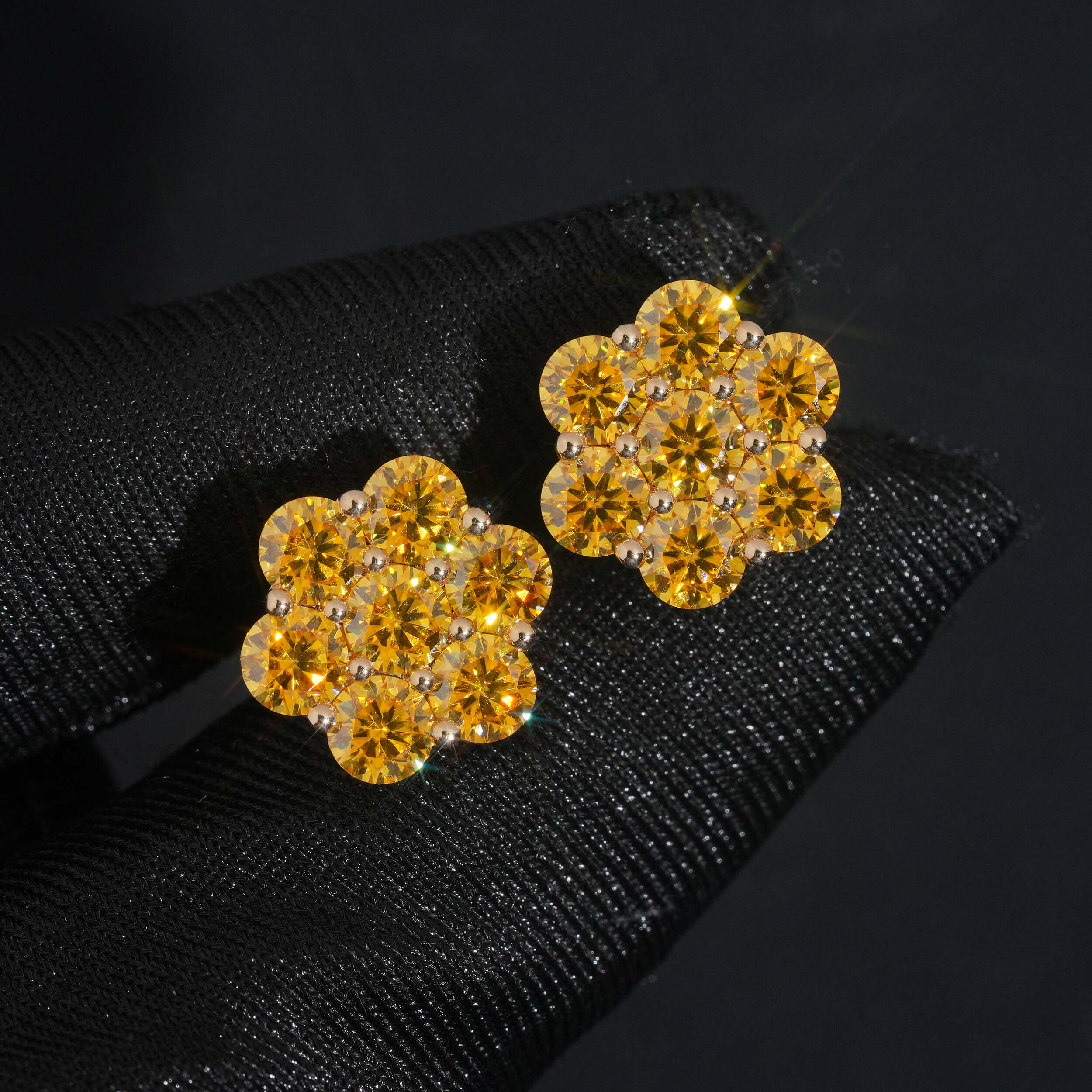 10K Yellow Gold VVS Orange Moissanite Diamond Cluster Earrings 12MM