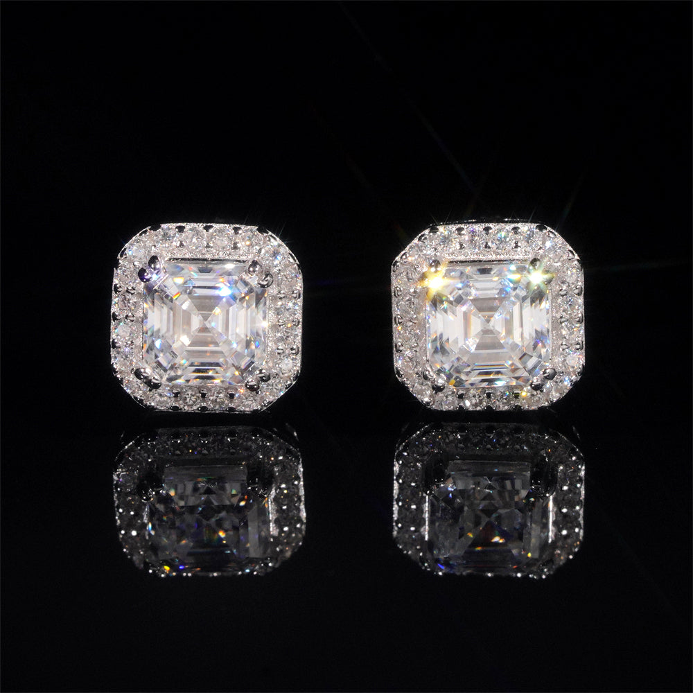 Men Iced Out 925 Sterling Silver Asscher Cut Halo Diamond Style Moissanite Stud Earrings