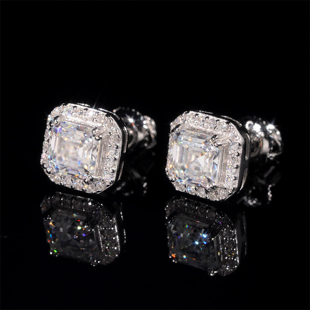 Men Iced Out 925 Sterling Silver Asscher Cut Halo Diamond Style Moissanite Stud Earrings