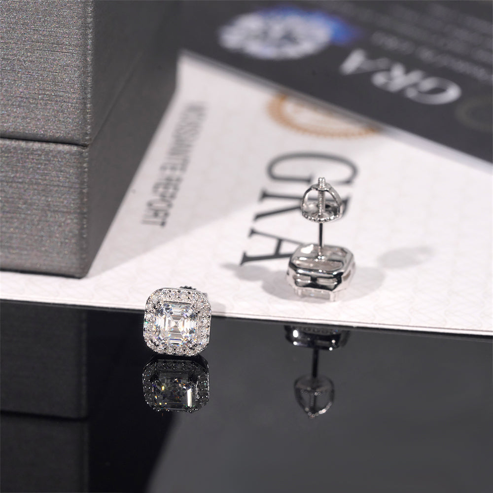 Men Iced Out 925 Sterling Silver Asscher Cut Halo Diamond Style Moissanite Stud Earrings