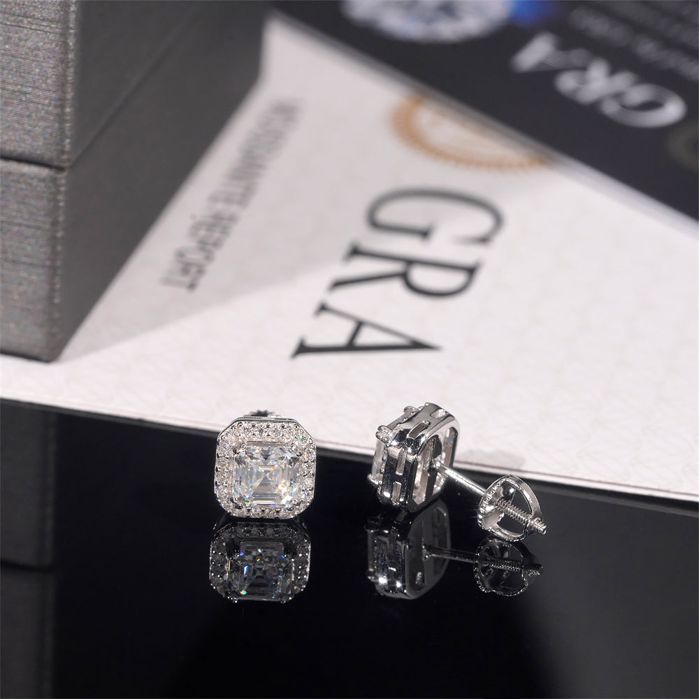 Men Iced Out 925 Sterling Silver Asscher Cut Halo Diamond Style Moissanite Stud Earrings