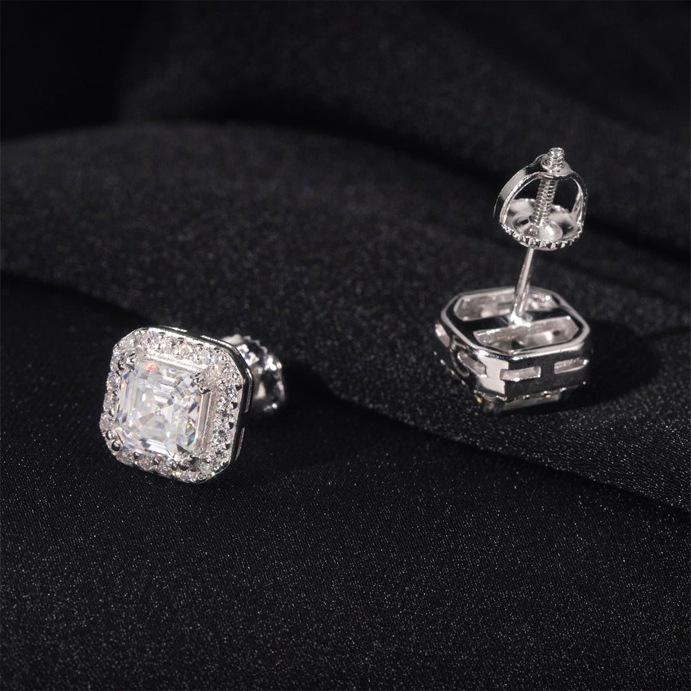 Men Iced Out 925 Sterling Silver Asscher Cut Halo Diamond Style Moissanite Stud Earrings