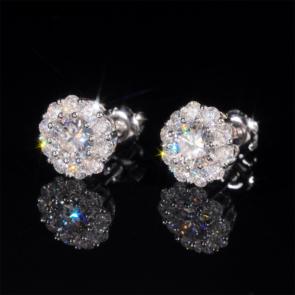 Hot Sell 925 Sterling Silver Iced Out Flower Moissanite Stud Earrings Screw Back