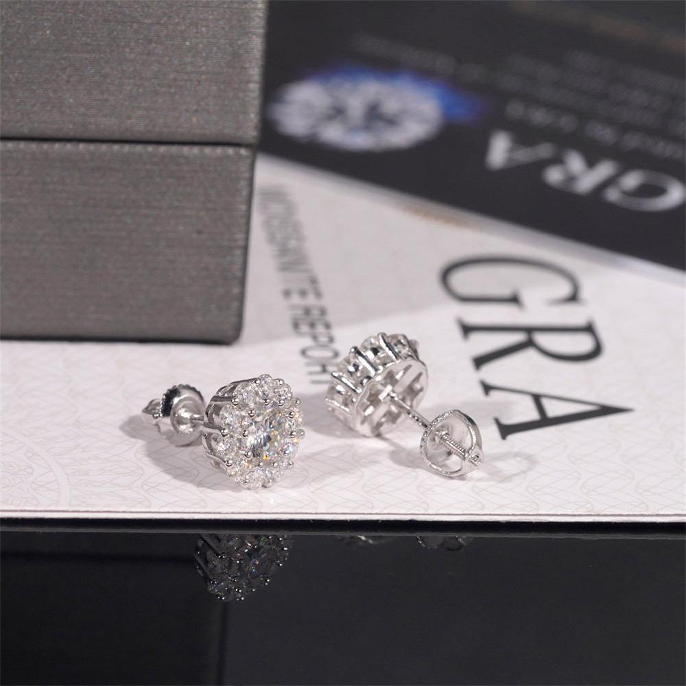 Hot Sell 925 Sterling Silver Iced Out Flower Moissanite Stud Earrings Screw Back