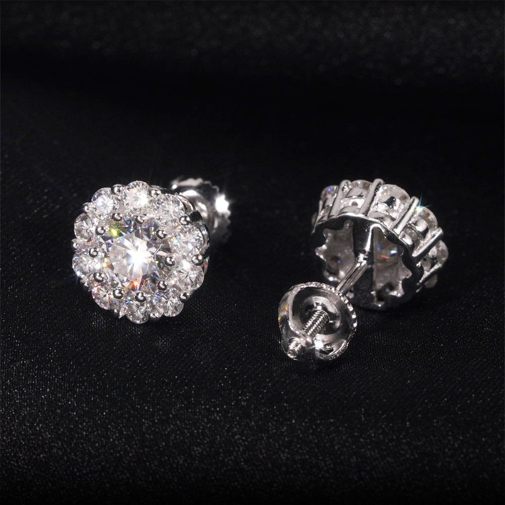 Hot Sell 925 Sterling Silver Iced Out Flower Moissanite Stud Earrings Screw Back