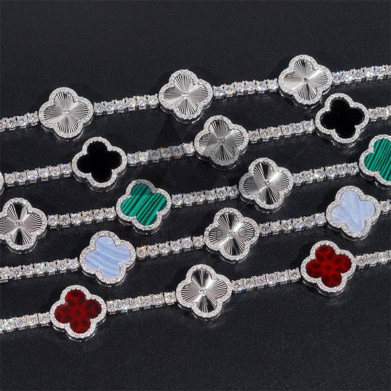 3MM Solid 10K White Gold Clover Moissanite Tennis Bracelet with Red Agate Gemstone3