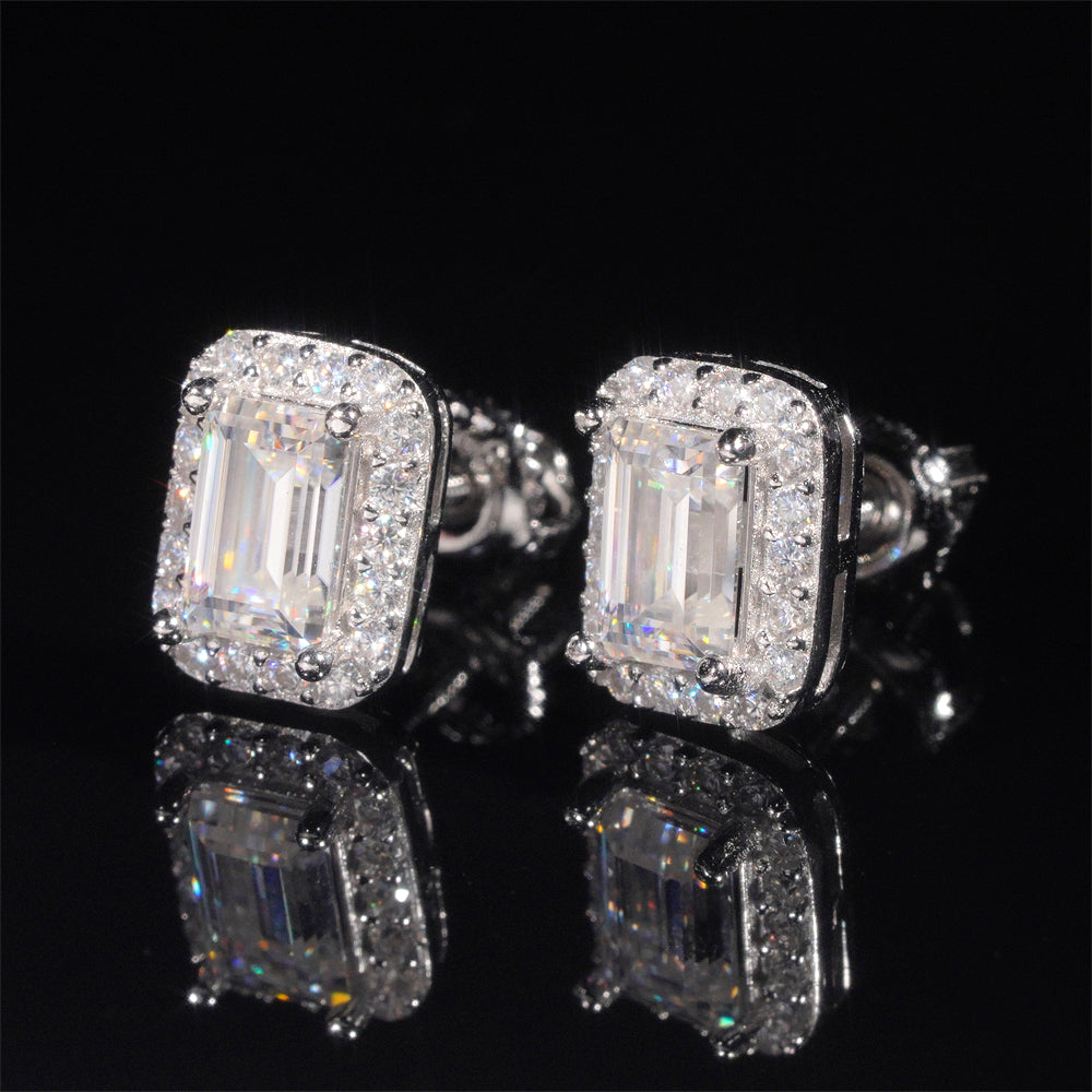 Solid Silver Gra Certificated Baguette Cut Moissanite Studs For Men And Women