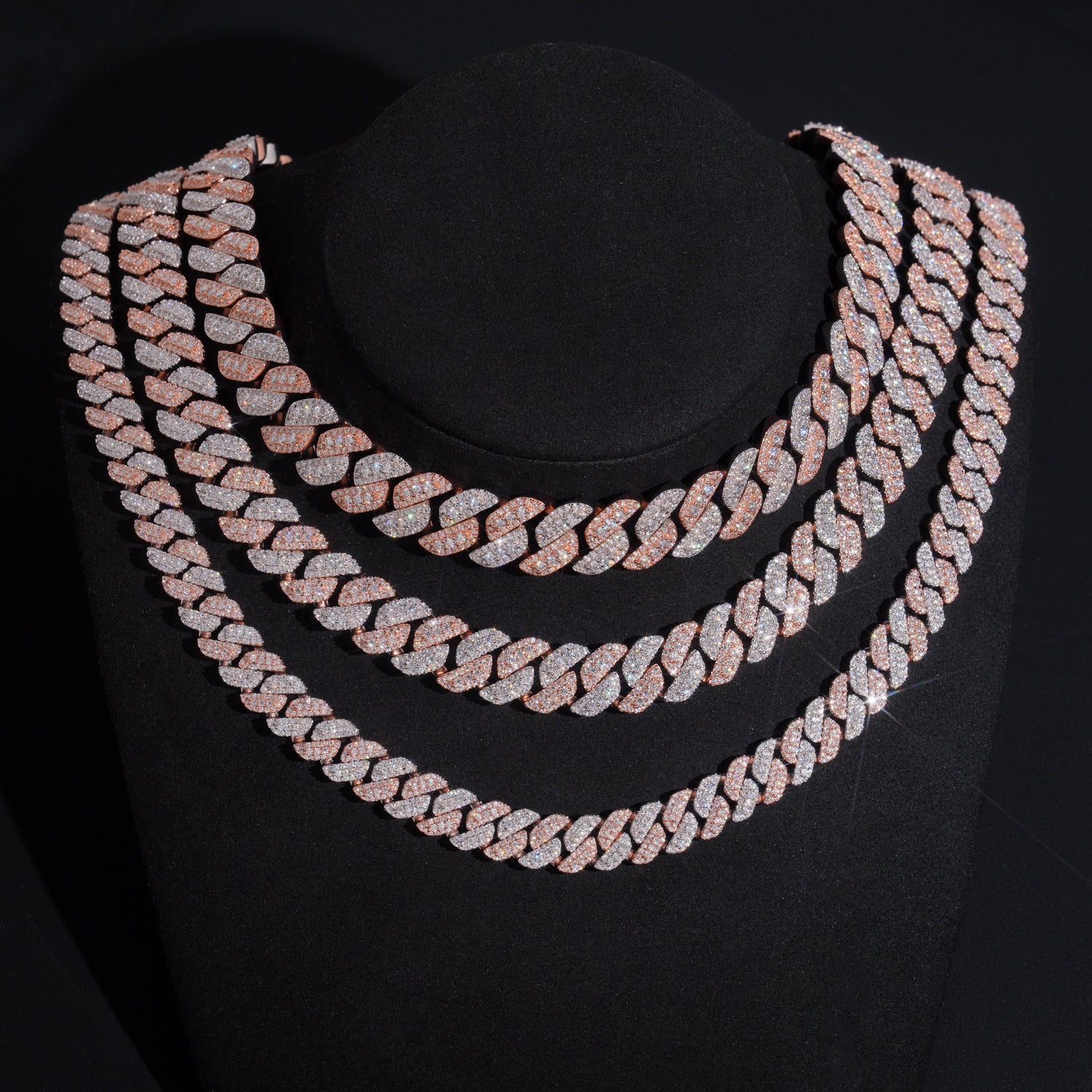 10mm 13mm 15mm  Rose Gold Mix White Gold THree Rows Iced Out Moissanite Diamond Cuban Necklace