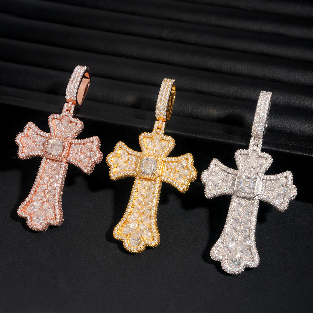 New Arrival Facny Cut Color Moissanite Cross Pendant Match 13MM Cuban Link Chain