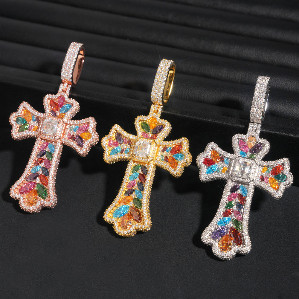 New Arrival Facny Cut Color Moissanite Cross Pendant Match 13MM Cuban Link Chain