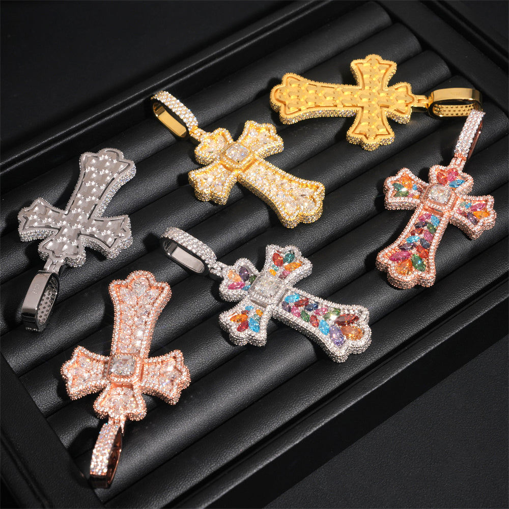 New Arrival Facny Cut Color Moissanite Cross Pendant Match 13MM Cuban Link Chain