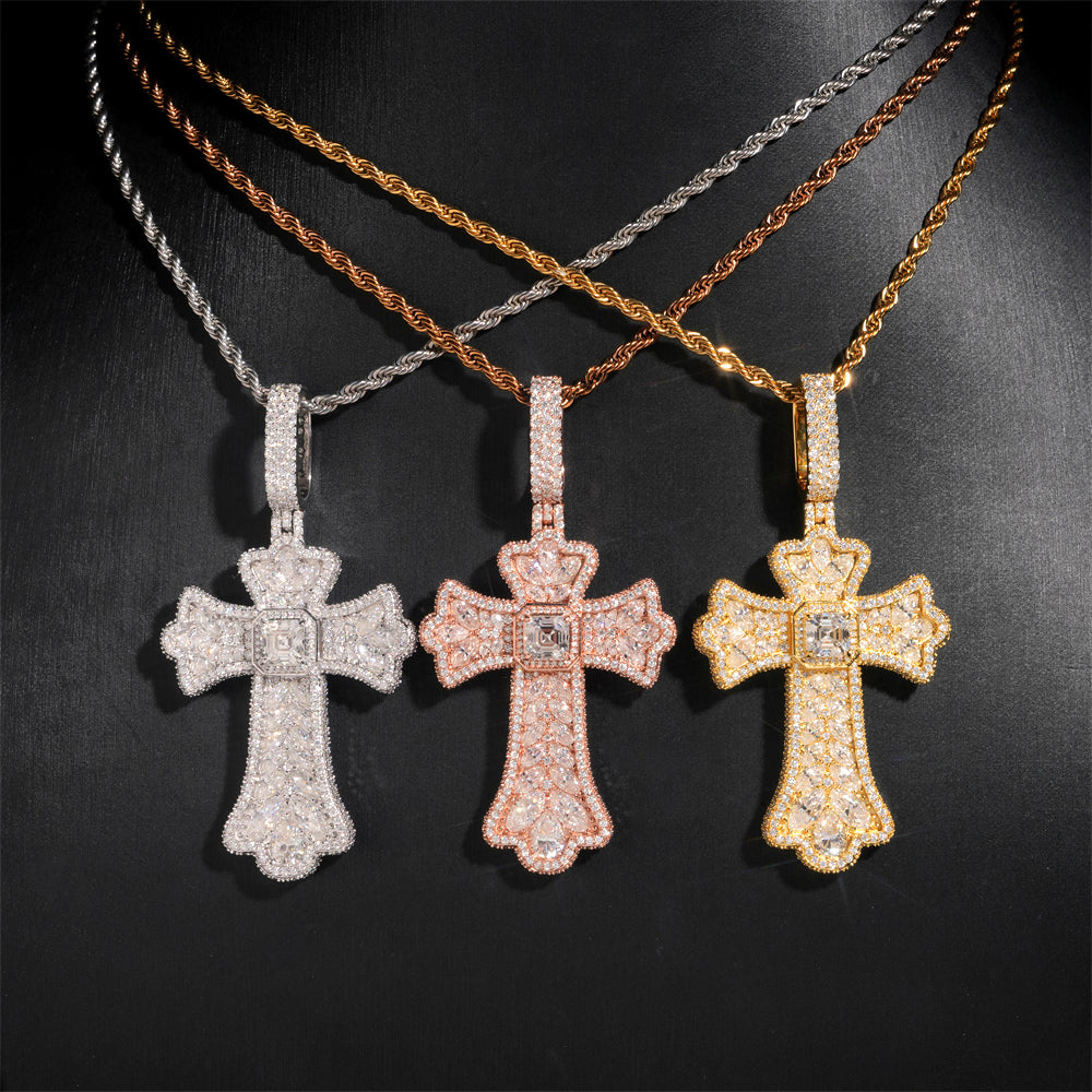 New Arrival Facny Cut Color Moissanite Cross Pendant Match 13MM Cuban Link Chain