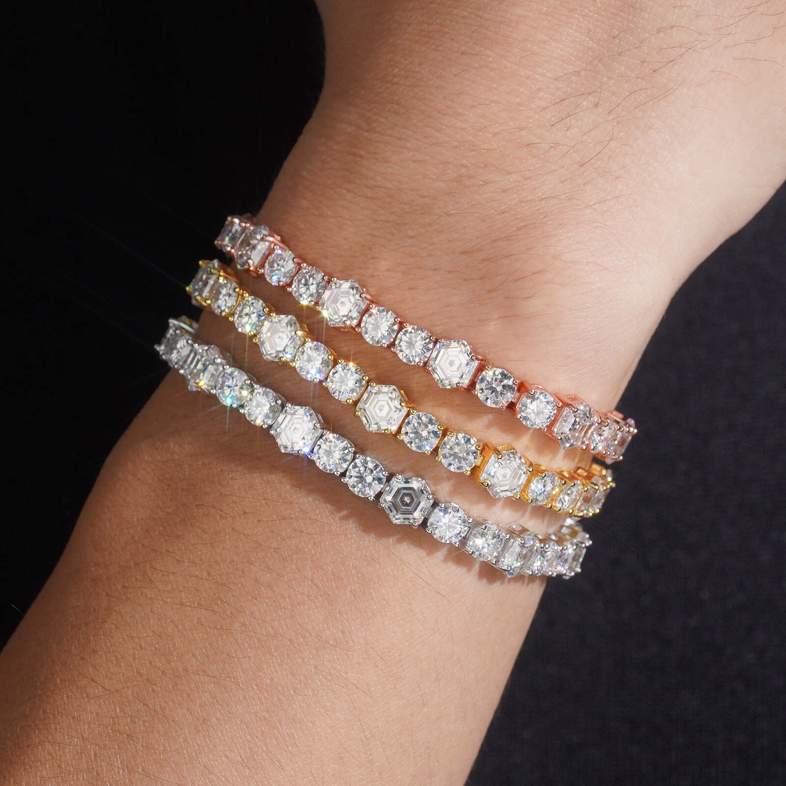 Round Mix Hexagon Cut Moissanite Diamond Tennis Bracelet 5MM