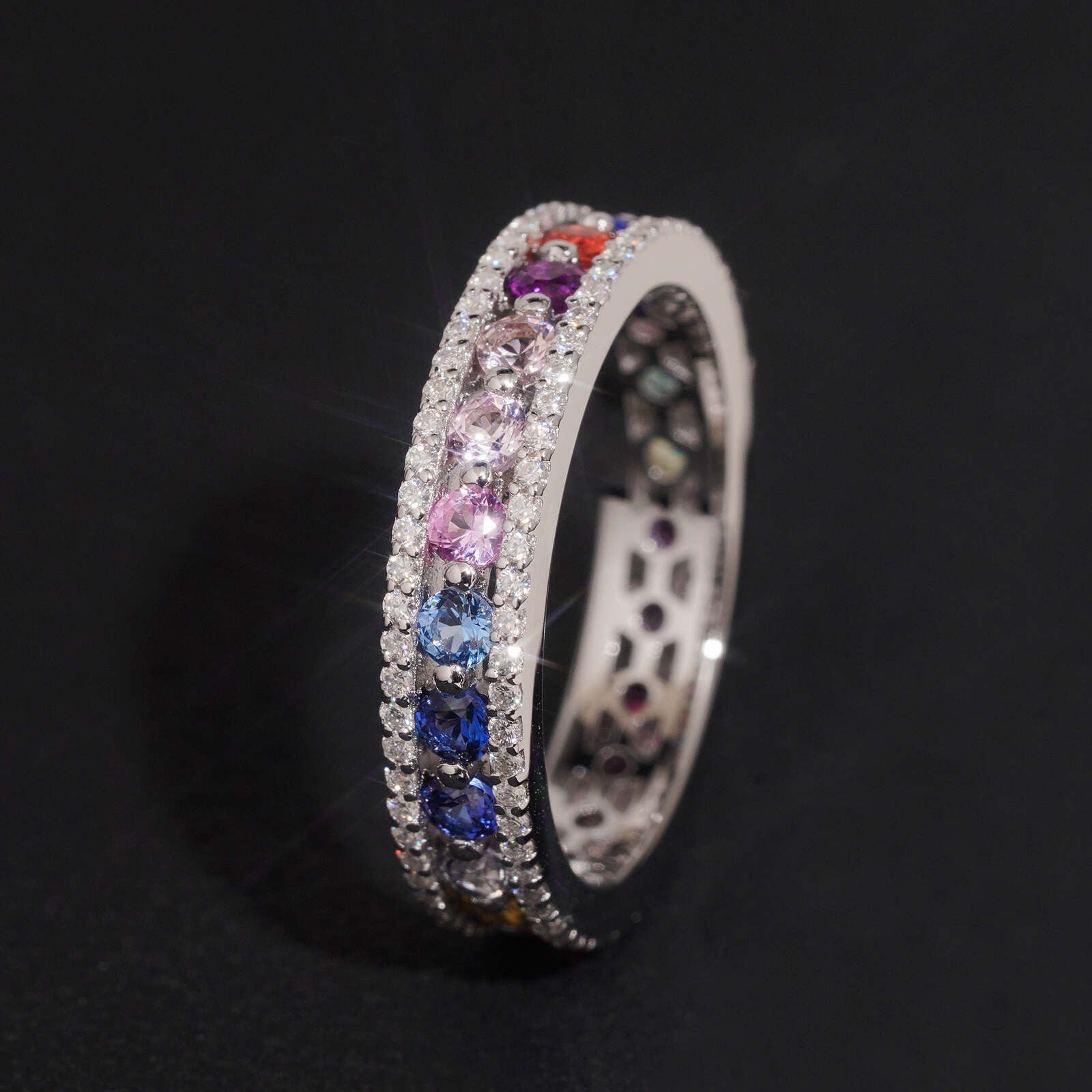 Women Rainbow Moissanite Diamond Eternity Ring 925 Silver