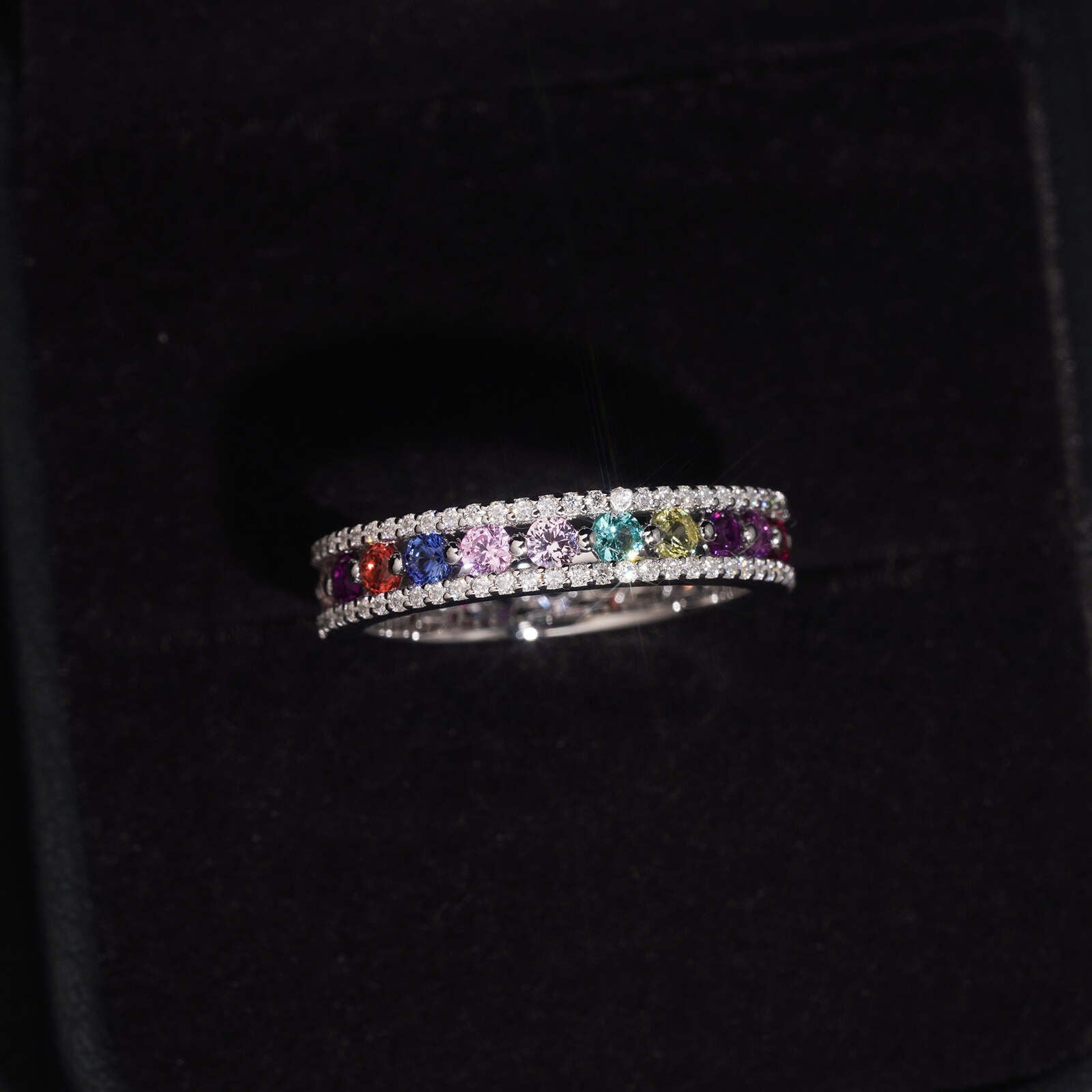 Women Rainbow Moissanite Diamond Eternity Ring 925 Silver
