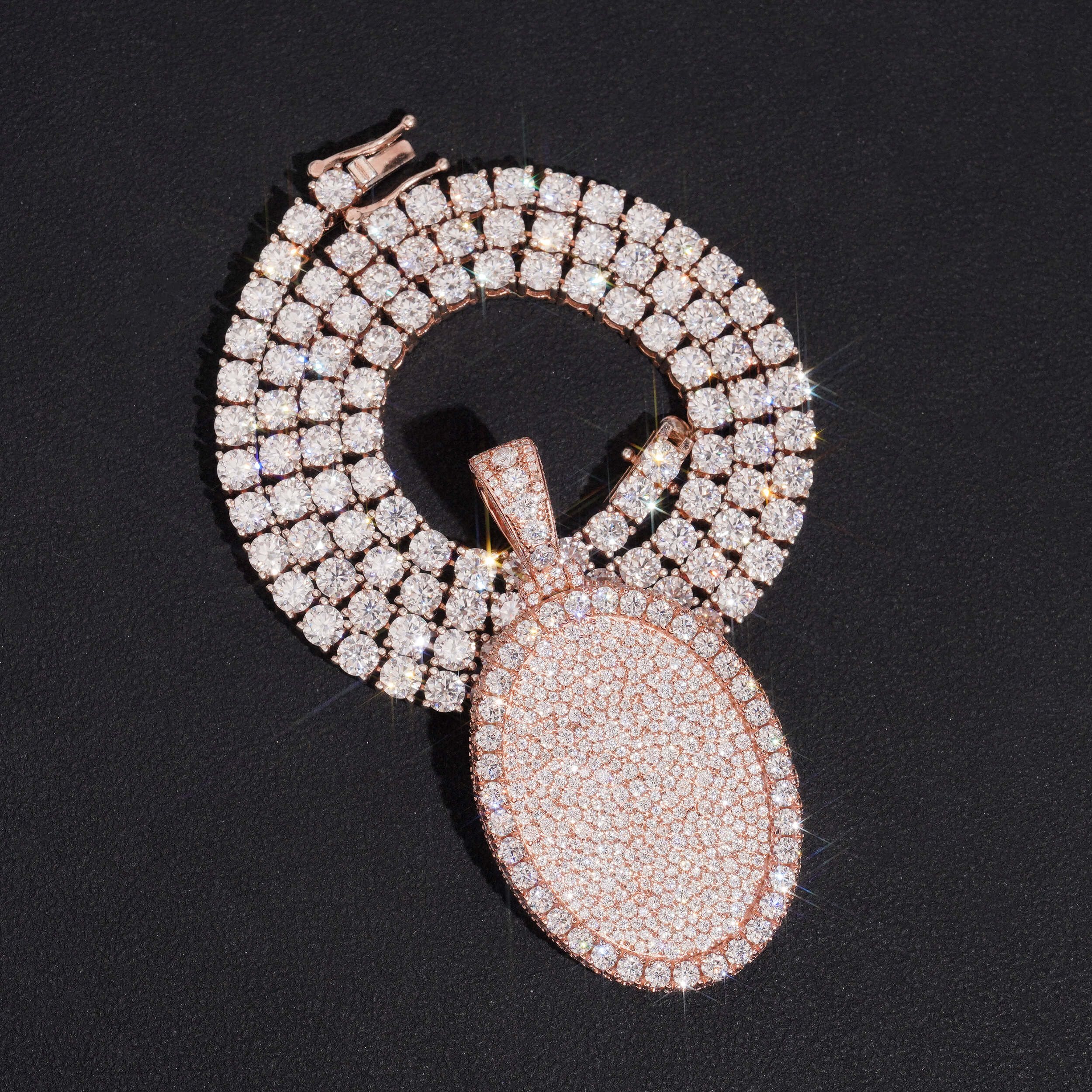 Moissanite Iced Out Oval Shaped Oog Tag Pendant Mosaic Setting Rose Gold