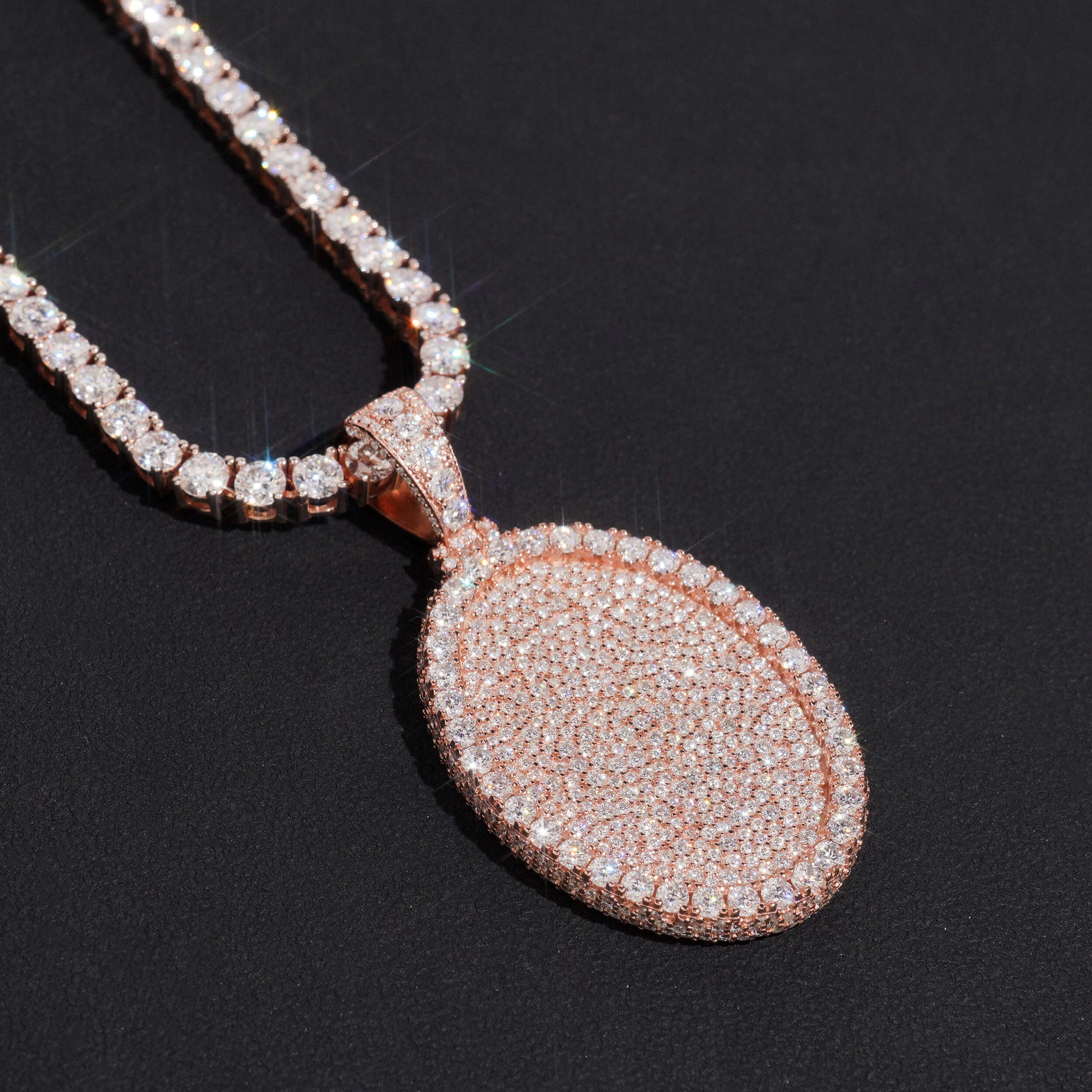 Moissanite Iced Out Oval Shaped Oog Tag Pendant Mosaic Setting Rose Gold