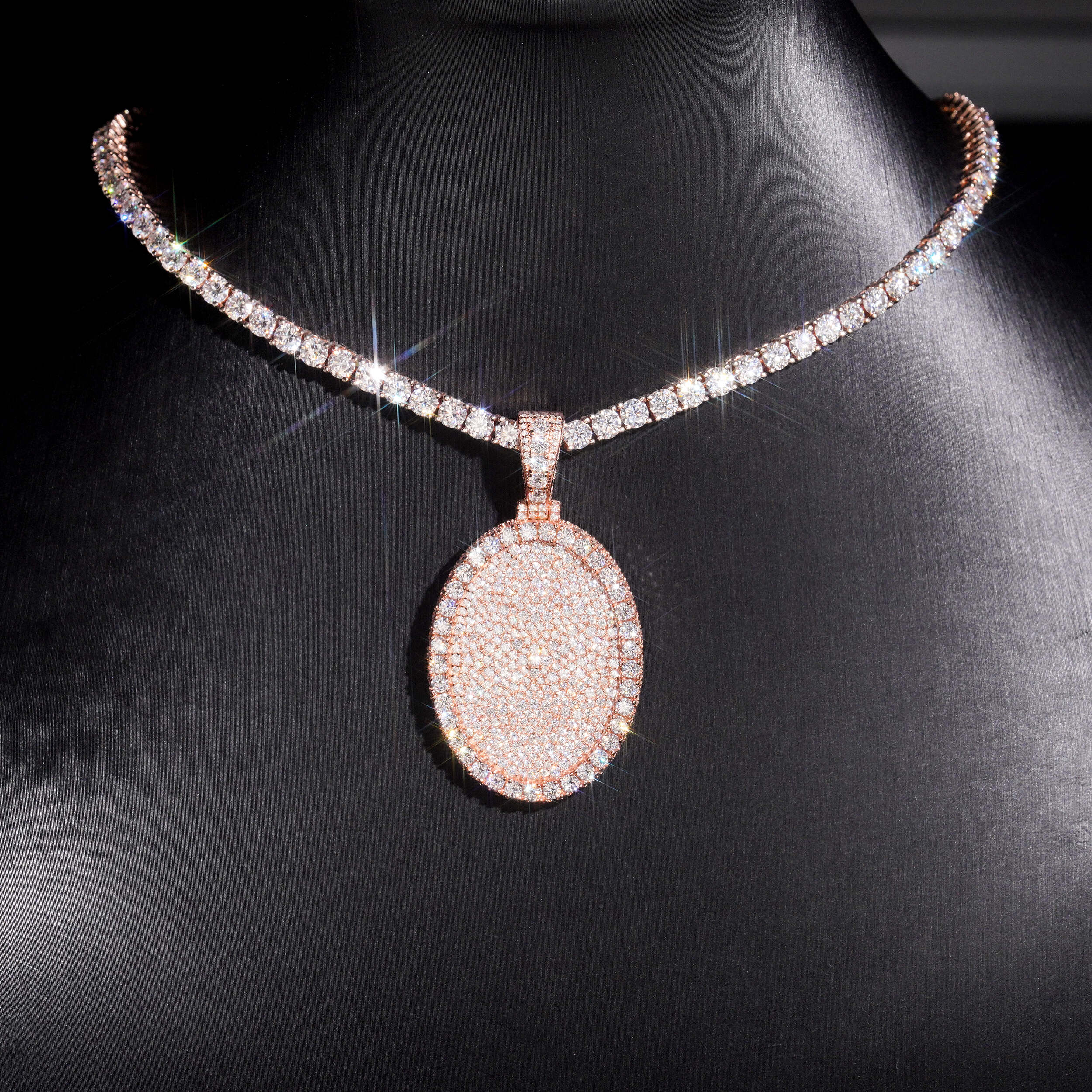 Moissanite Iced Out Oval Shaped Oog Tag Pendant Mosaic Setting Rose Gold