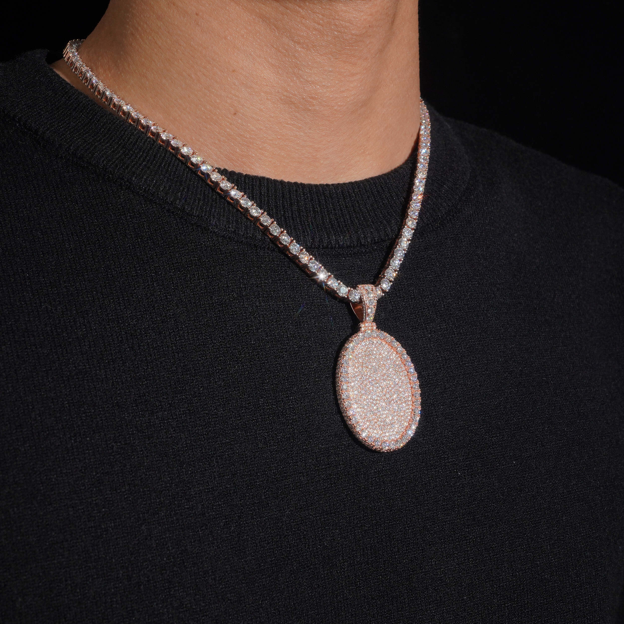 Moissanite Iced Out Oval Shaped Oog Tag Pendant Mosaic Setting Rose Gold