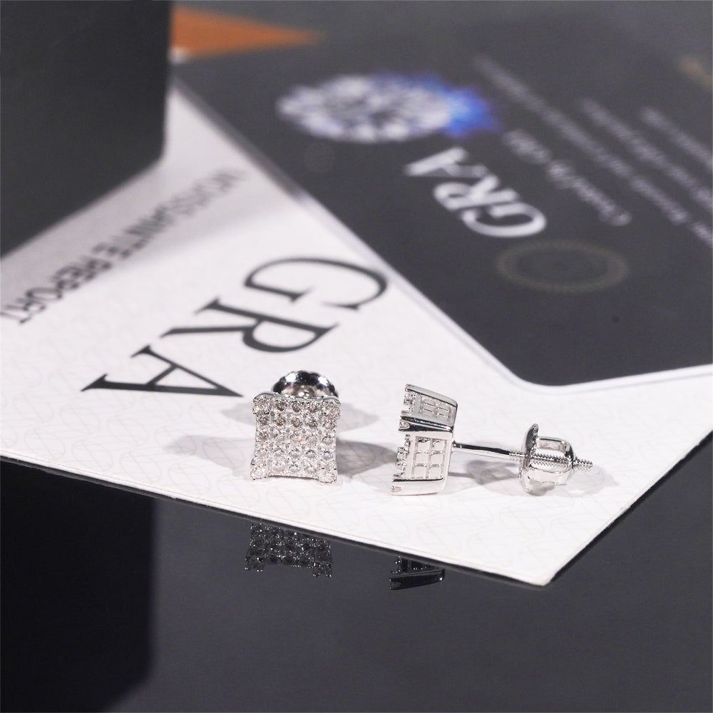 925 Silver Square Stud Earrings, VVS Moissanite, Hip Hop Jewelry