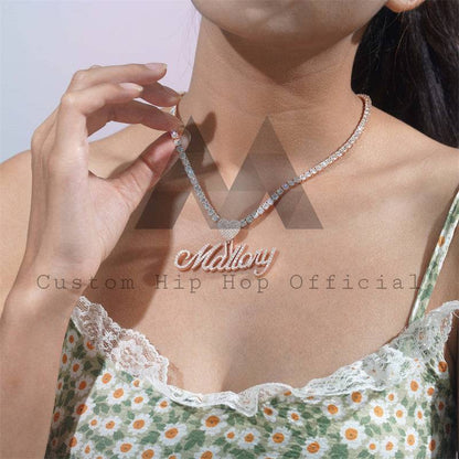 925 Silver 2.5" Width Girl Cursive Font Name Pendant With Moissanite Diamond Fit For 3MM Or 4MM Tennis Chain