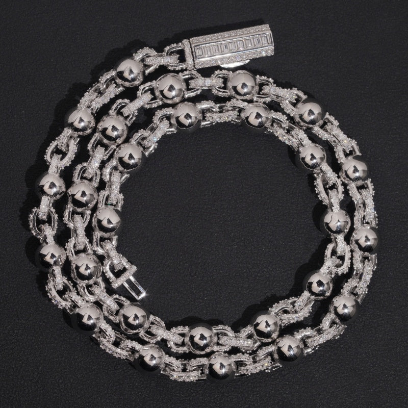 8MM Half Iced Half Plain Rosary Ball Chain Necklace Moissanite Diamond