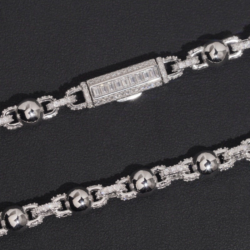 8MM Half Iced Half Plain Rosary Ball Chain Necklace Moissanite Diamond