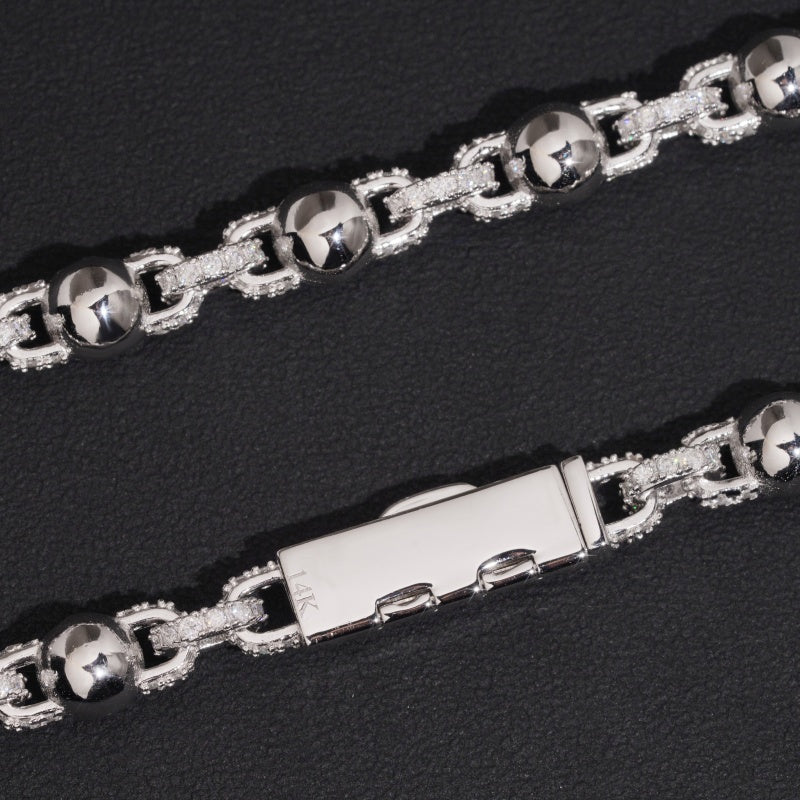 8MM Half Iced Half Plain Rosary Ball Chain Necklace Moissanite Diamond