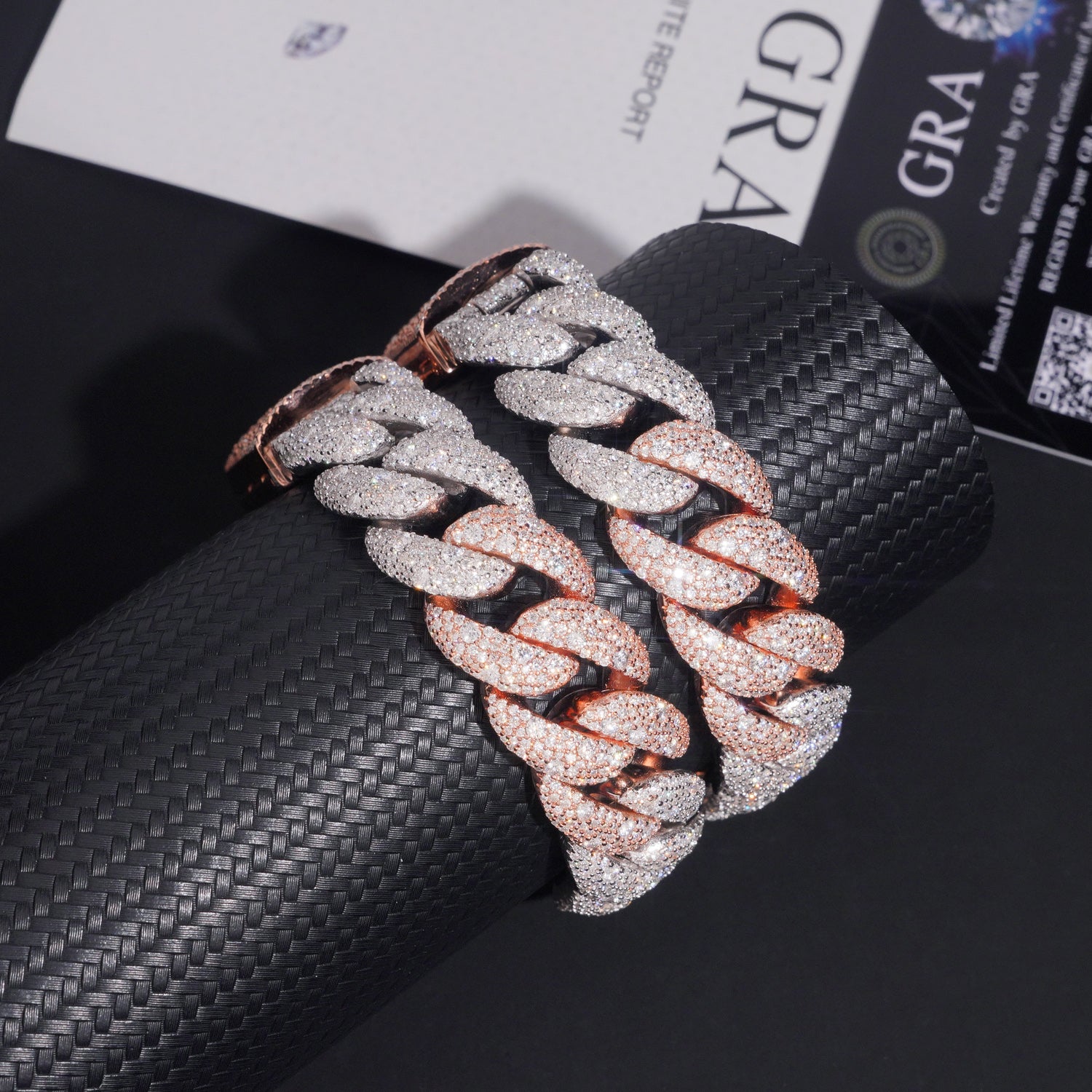 18MM Rose Gold Mix White Gold Mosaic Setting Moissanite Cuban Link Bracelet Iced Out