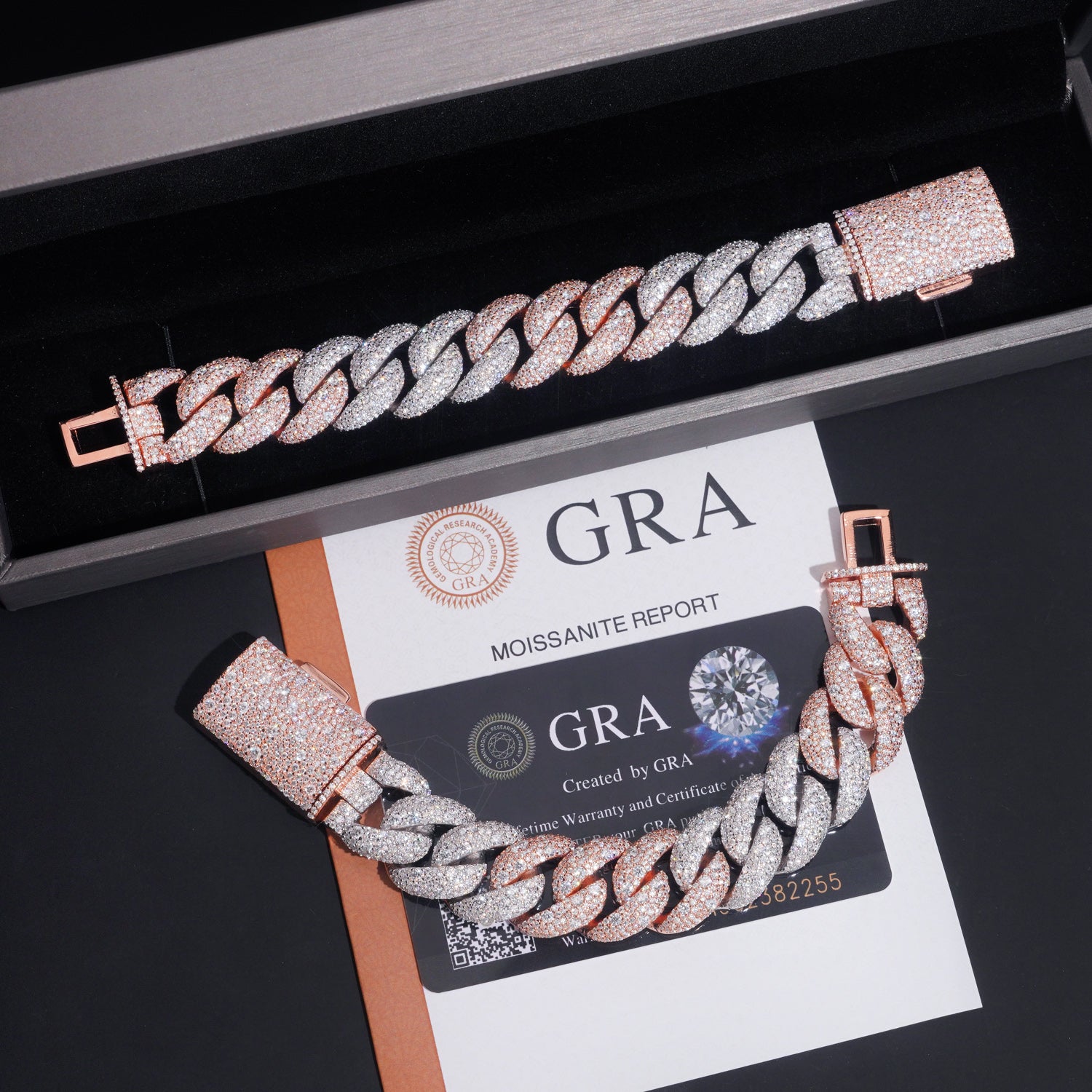 18MM Rose Gold Mix White Gold Mosaic Setting Moissanite Cuban Link Bracelet Iced Out