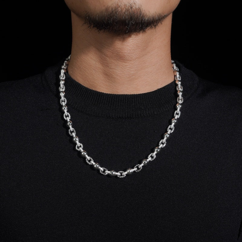 8MM Half Iced Half Plain Rosary Ball Chain Necklace Moissanite Diamond