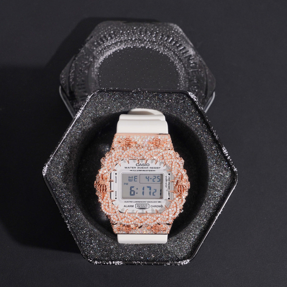 DW5600 G Shock Iced Out Watch With Skull Logo Moissanite Diamond