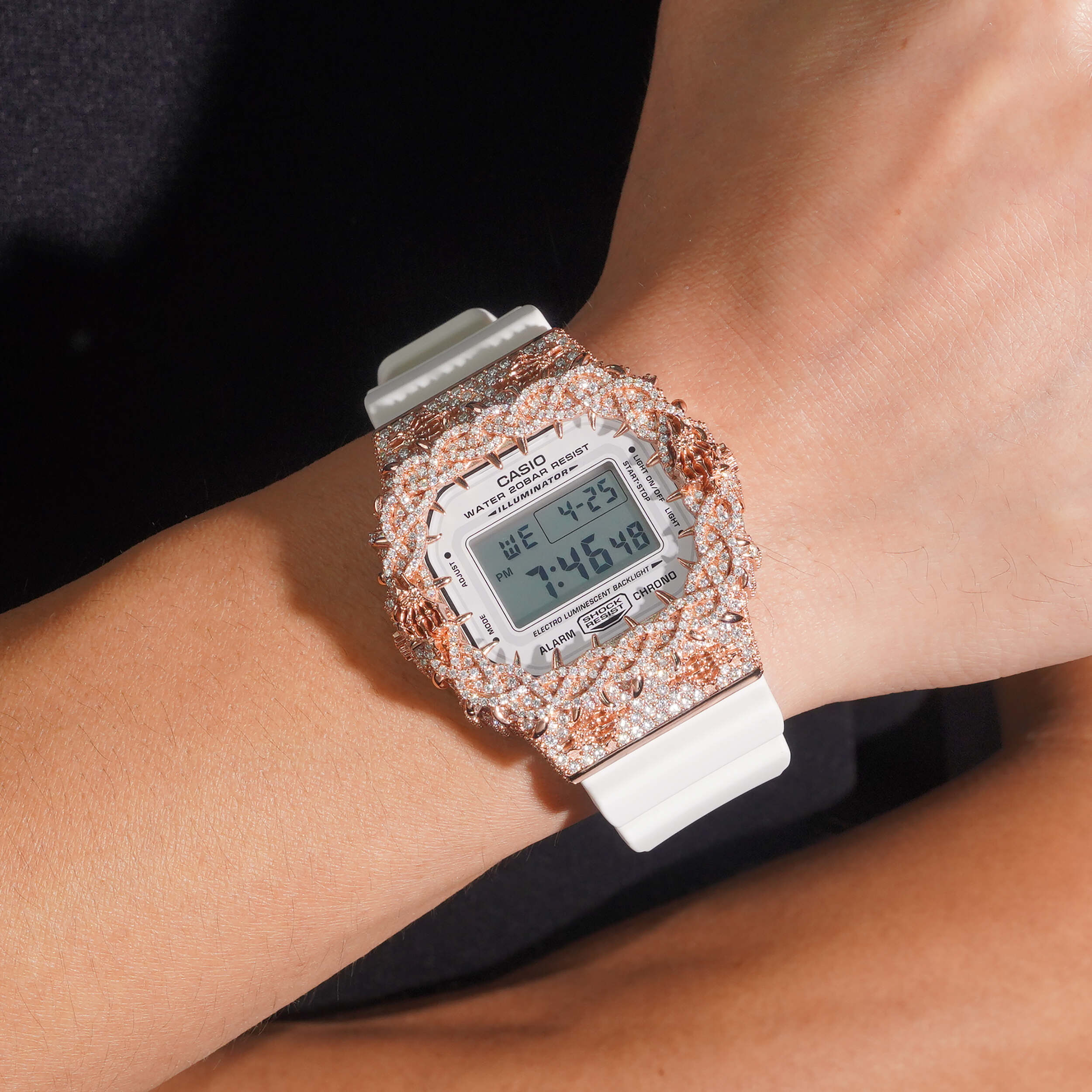 DW5600 G Shock Iced Out Watch With Skull Logo Moissanite Diamond