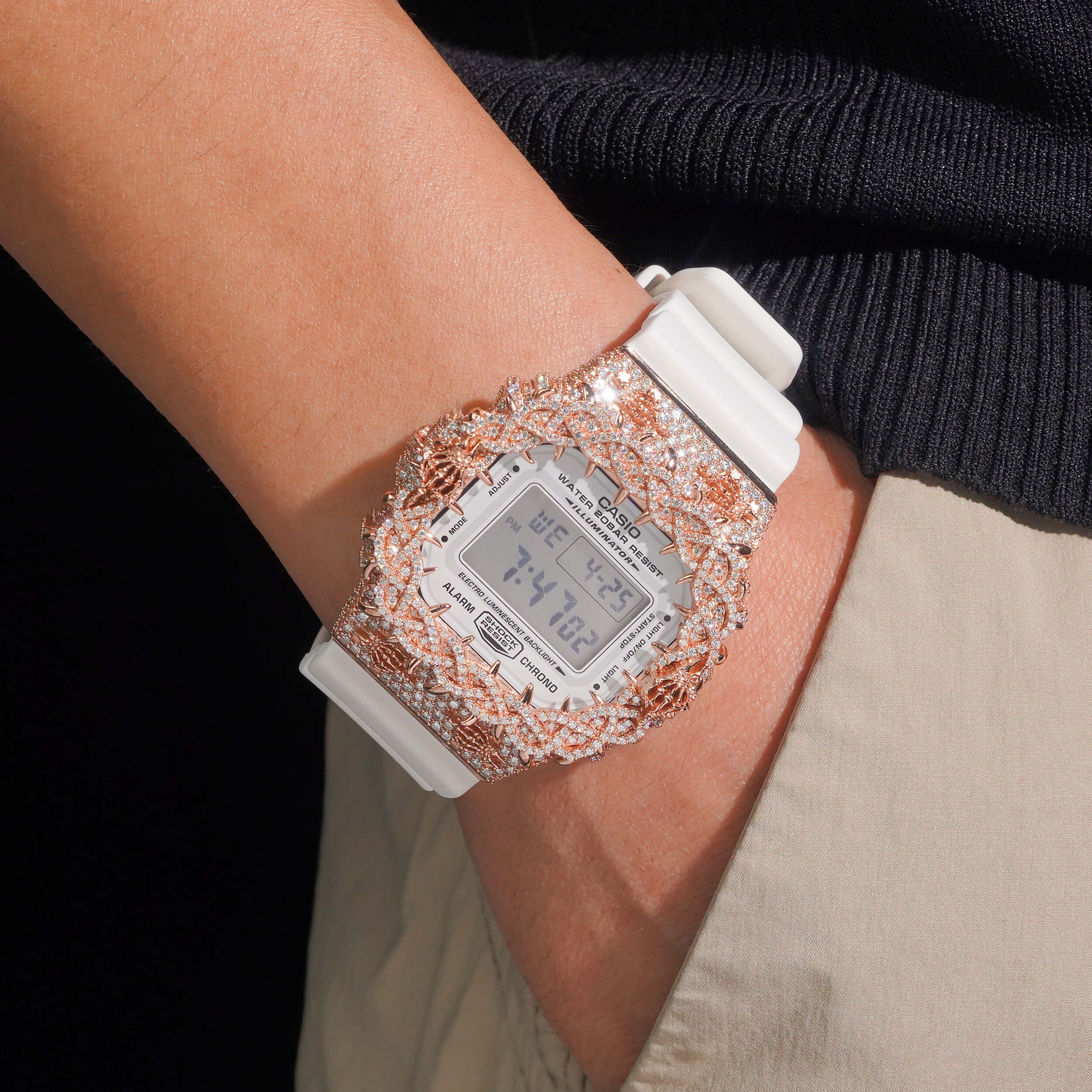 DW5600 G Shock Iced Out Watch With Skull Logo Moissanite Diamond