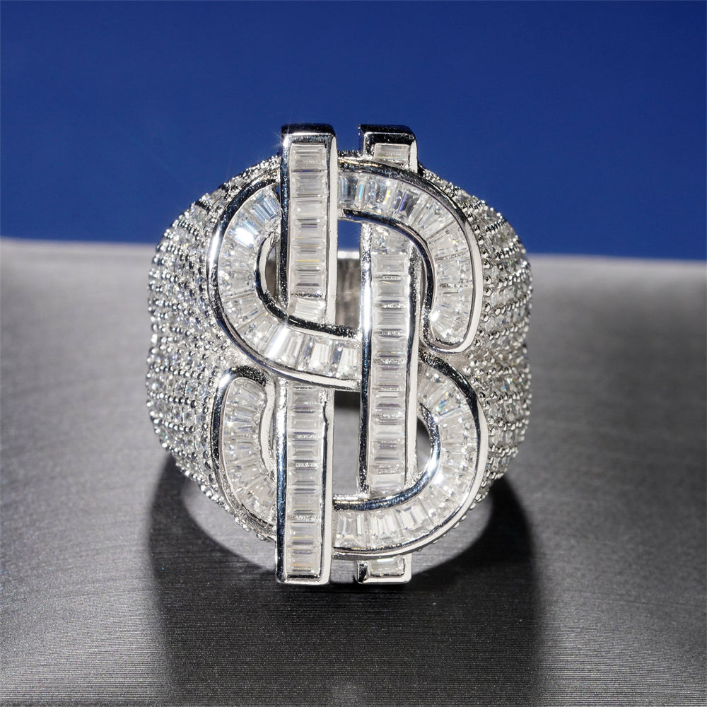 Baguette Moissanite Dollar Sign Ring Iced Out For Men 925 Sterling Silver