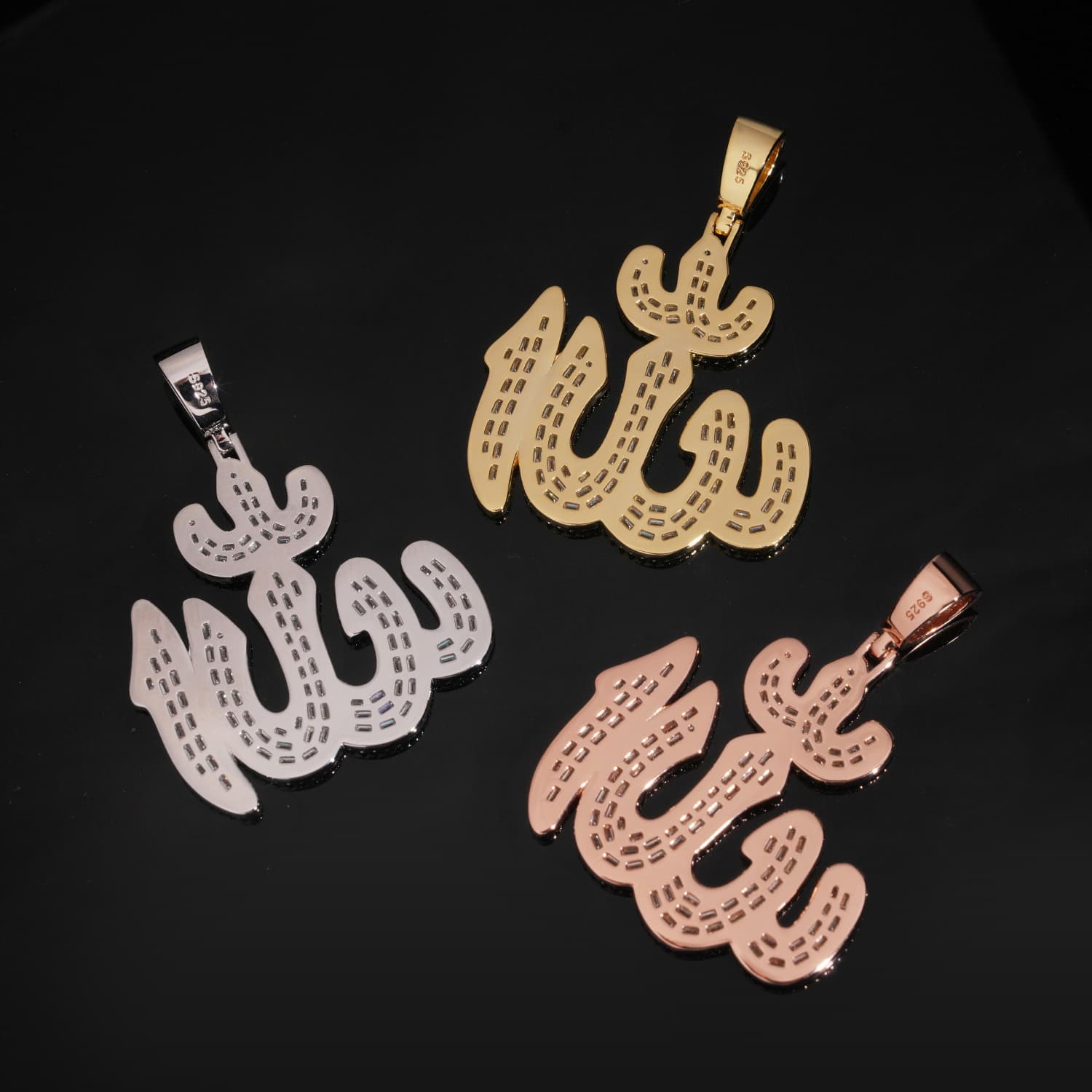 Baguette Cut Moissanite Diamond Allah Pendant Solid Silver