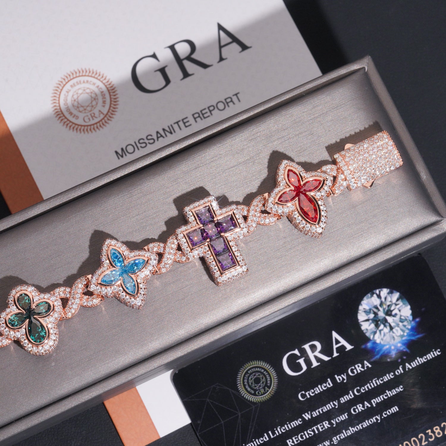 18MM Width Rose Gold Plated Moissanite Clover Cross Infinity Link Bracelet For Men