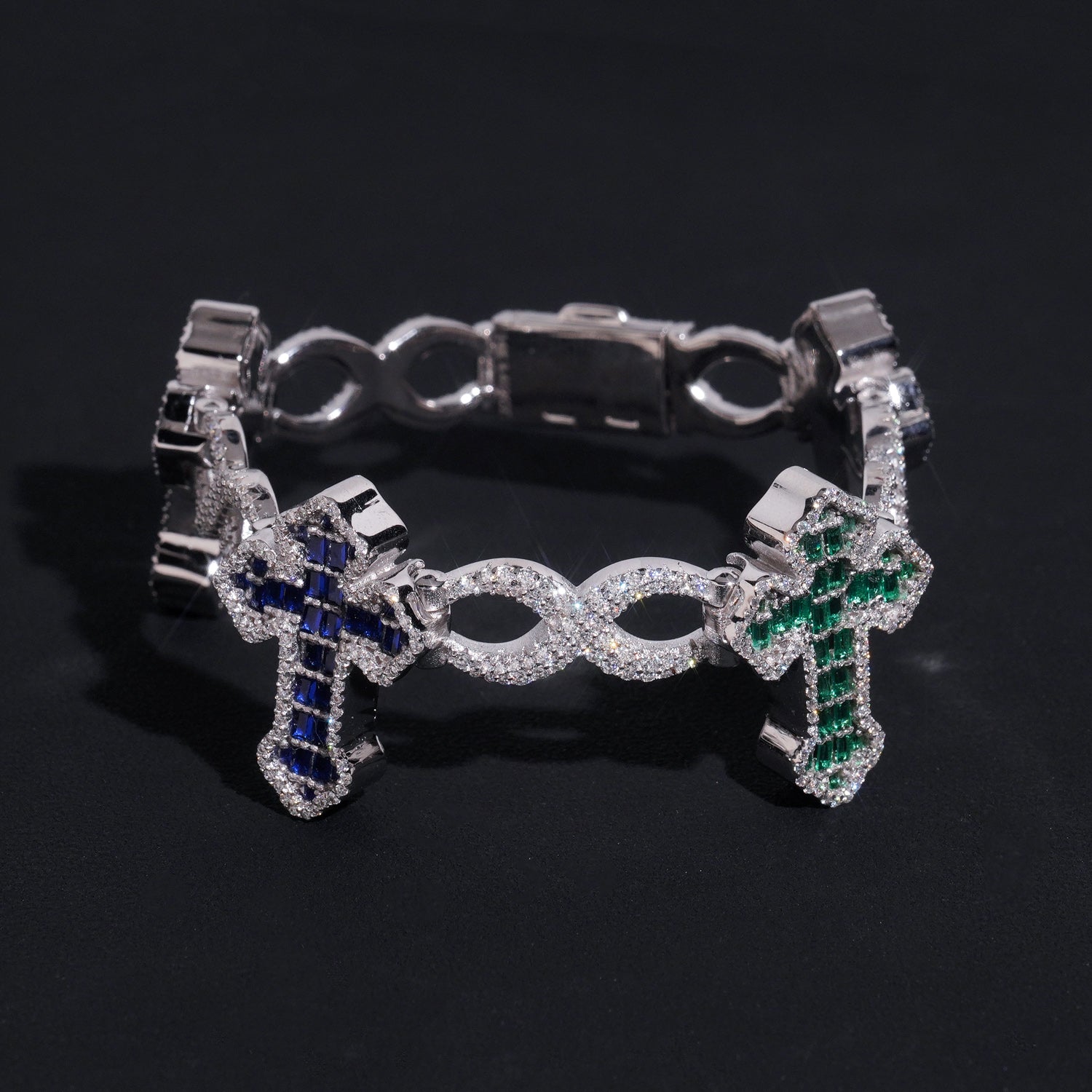 Mix Color VVS Moissanite Baguette Cut Cross Link Bracelet For Men Solid Silver