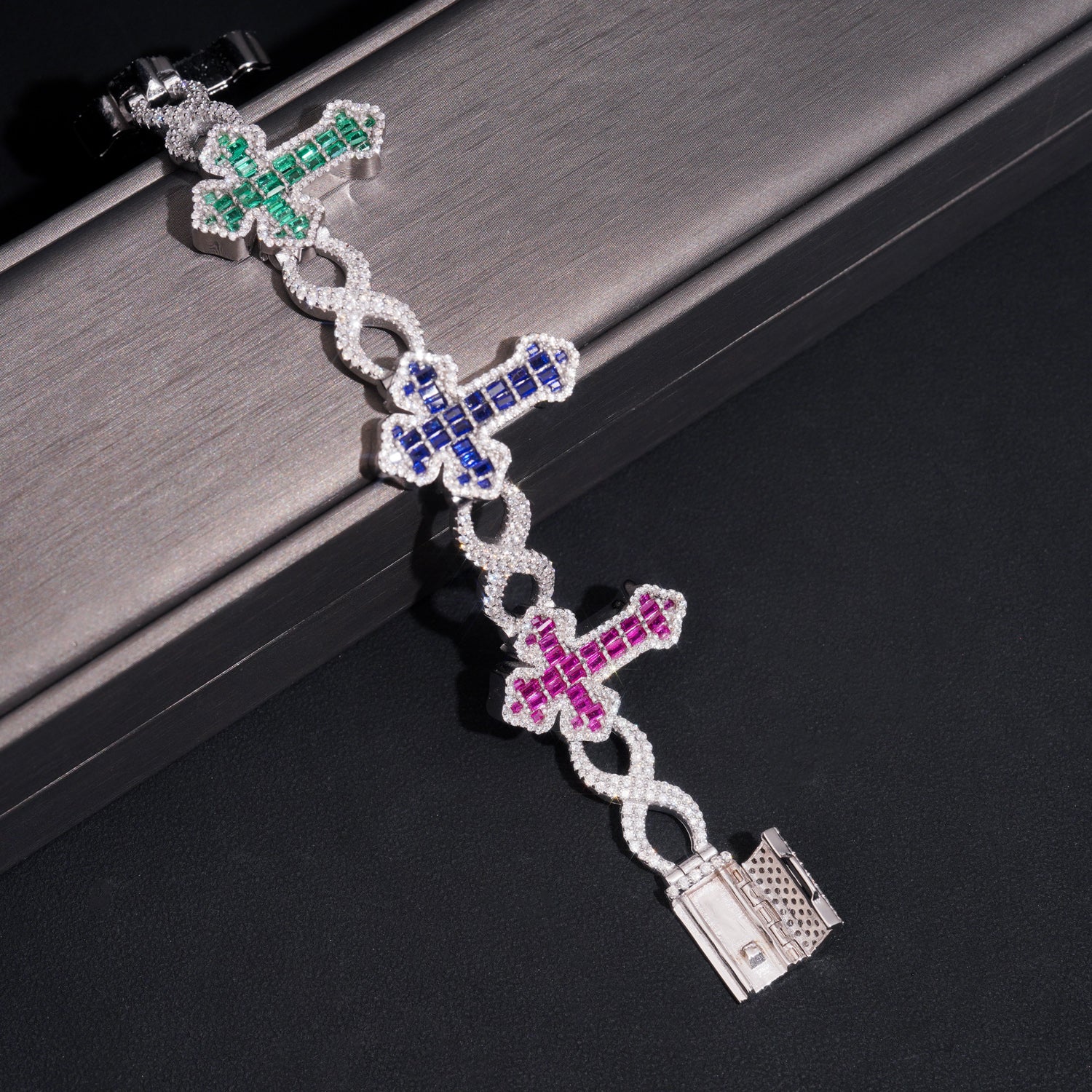 Mix Color VVS Moissanite Baguette Cut Cross Link Bracelet For Men Solid Silver