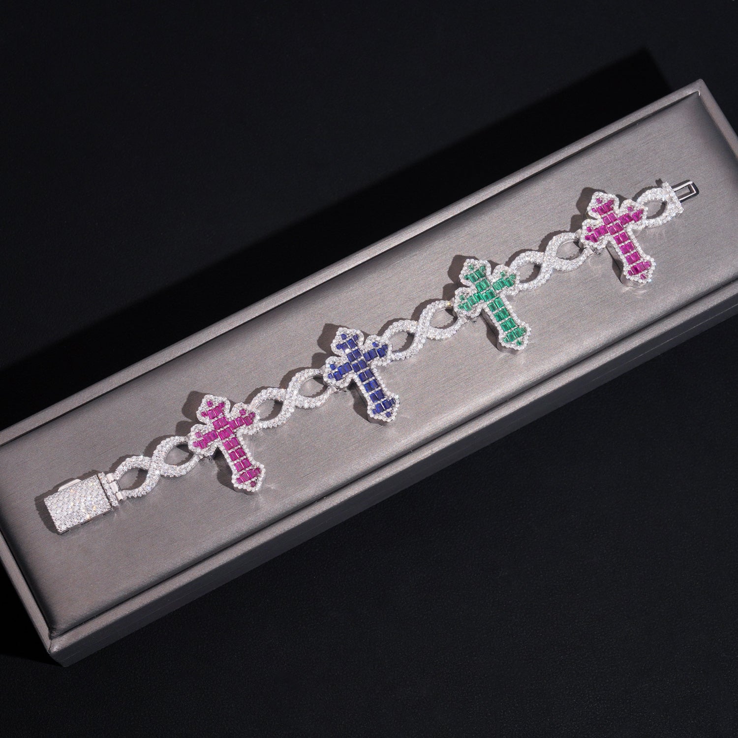 Mix Color VVS Moissanite Baguette Cut Cross Link Bracelet For Men Solid Silver