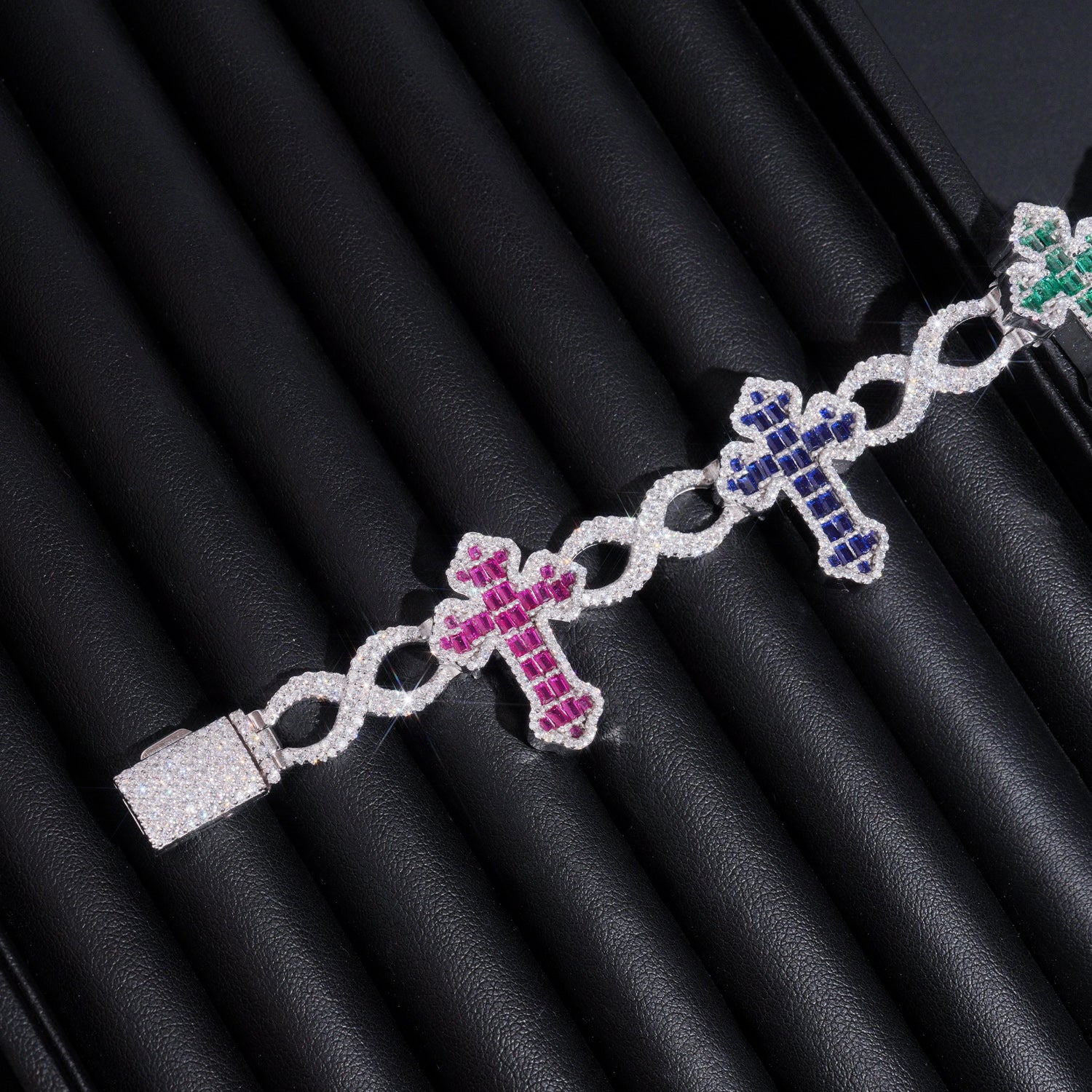 Mix Color VVS Moissanite Baguette Cut Cross Link Bracelet For Men Solid Silver