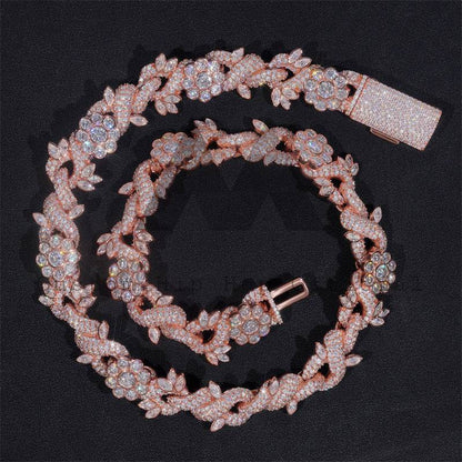 Hip Hop Iced Out 18MM Width Flower Link Cuban Chain Moissanite Diamond Rose Gold Plated