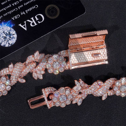 Hip Hop Iced Out 18MM Width Flower Link Cuban Chain Moissanite Diamond Rose Gold Plated